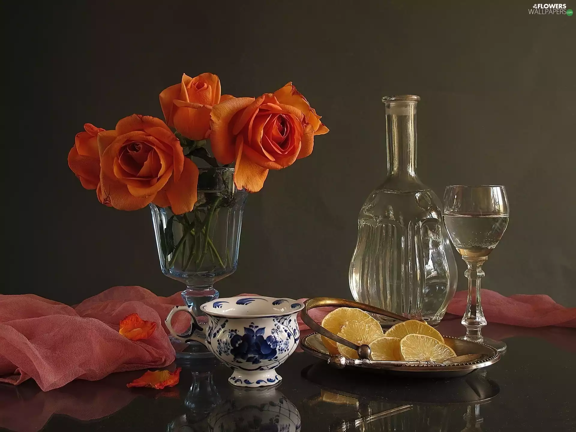 Amaranth, Wine, roses, cup, Orange