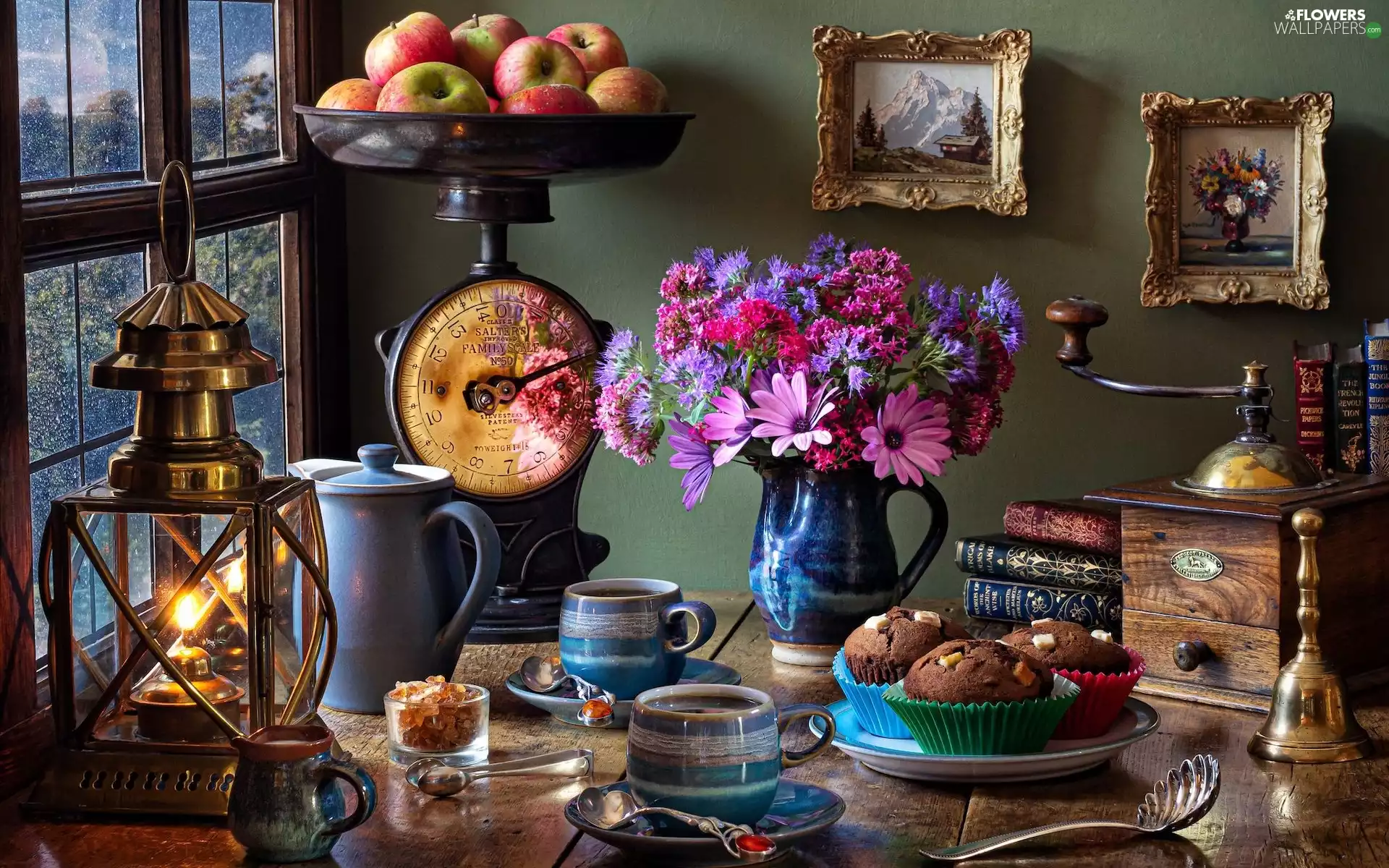 jug, cups, Paintings, weight, Lamp, Window, Muffins, composition, mill, apples, Flowers, bouquet