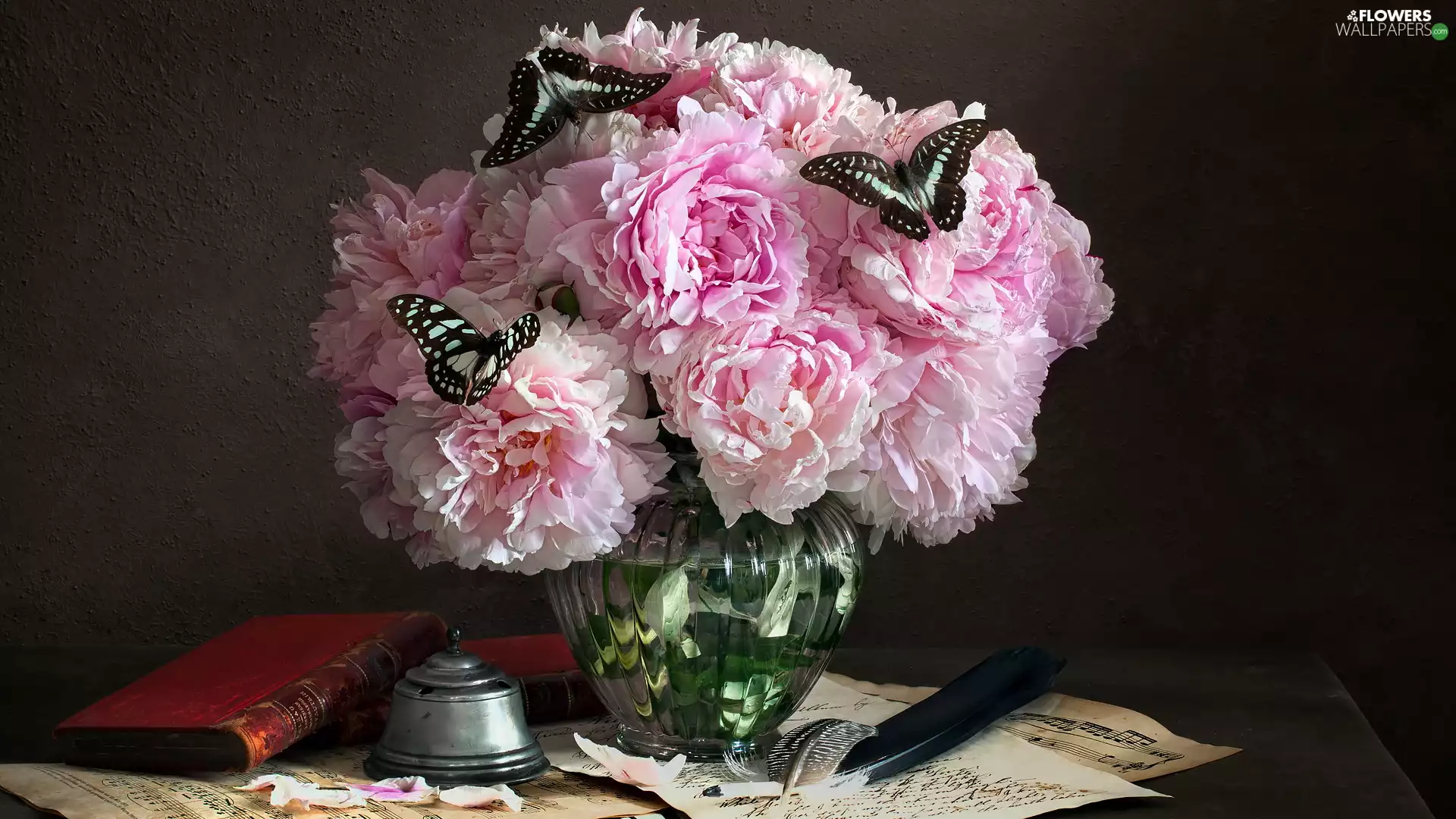 butterflies, glass, composition, Vase, Books, Peonies, Pink, bell