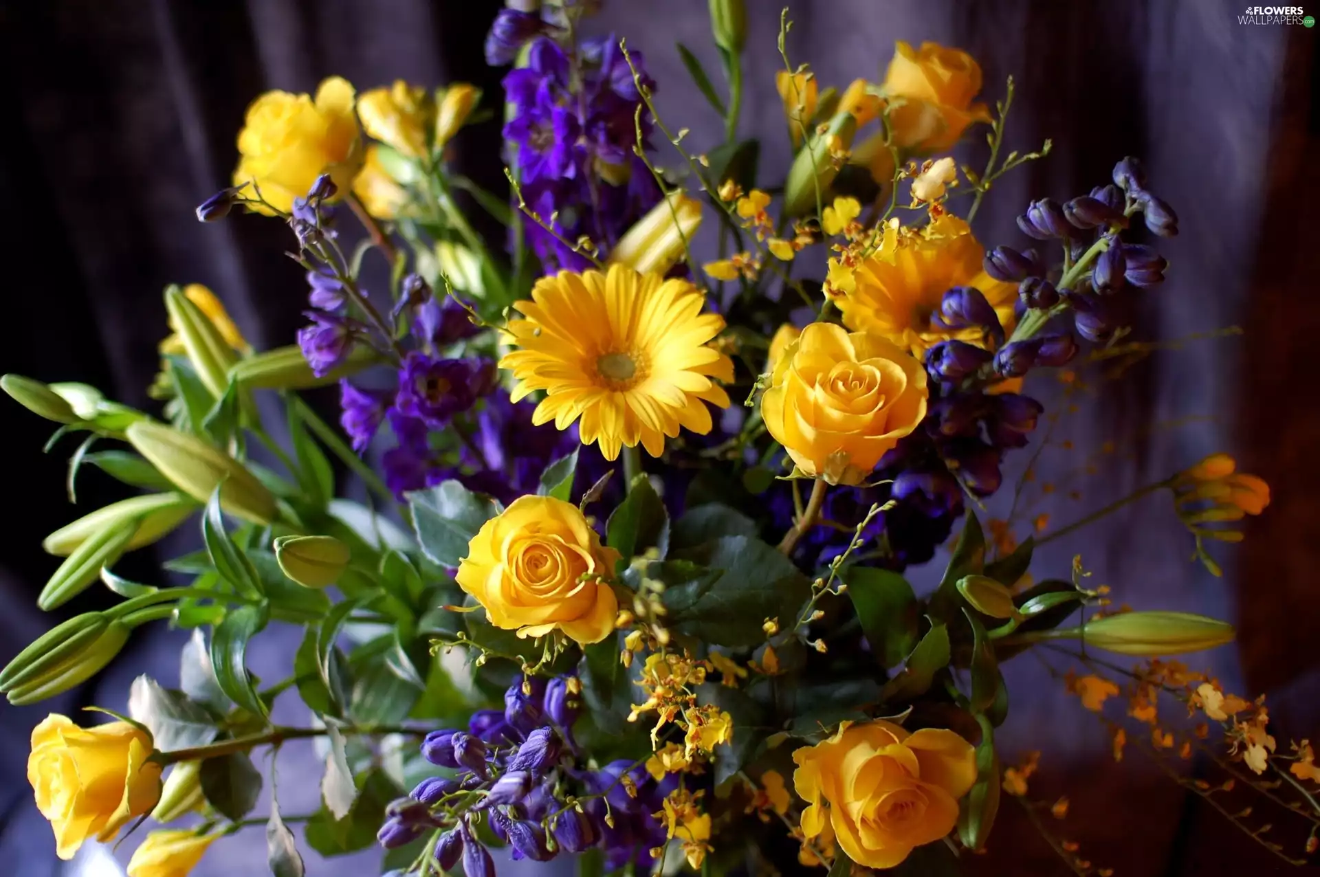 Bouquet of Flowers, yellow, blue