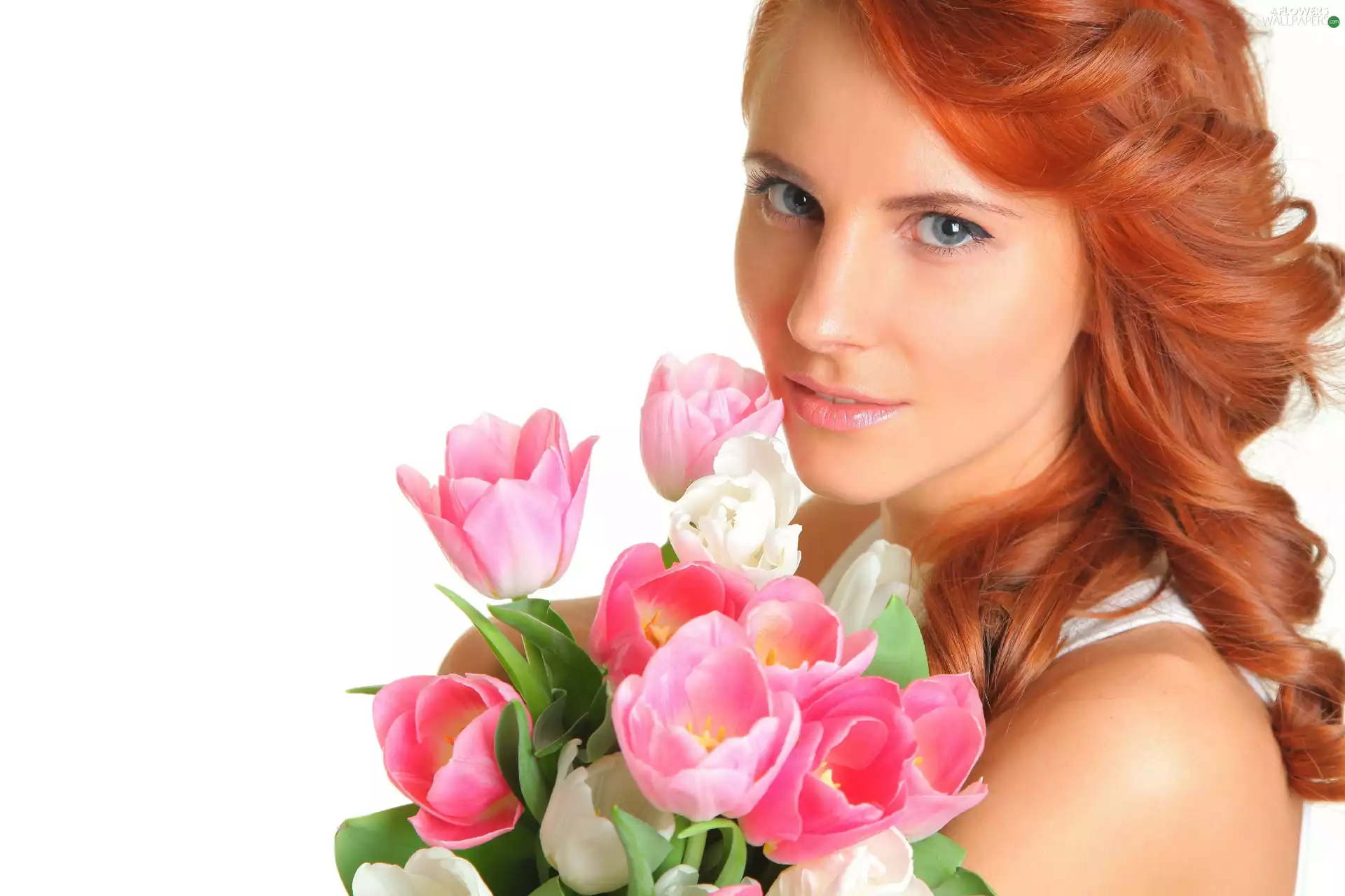 bouquet, tulips, girl, make-up, redhead