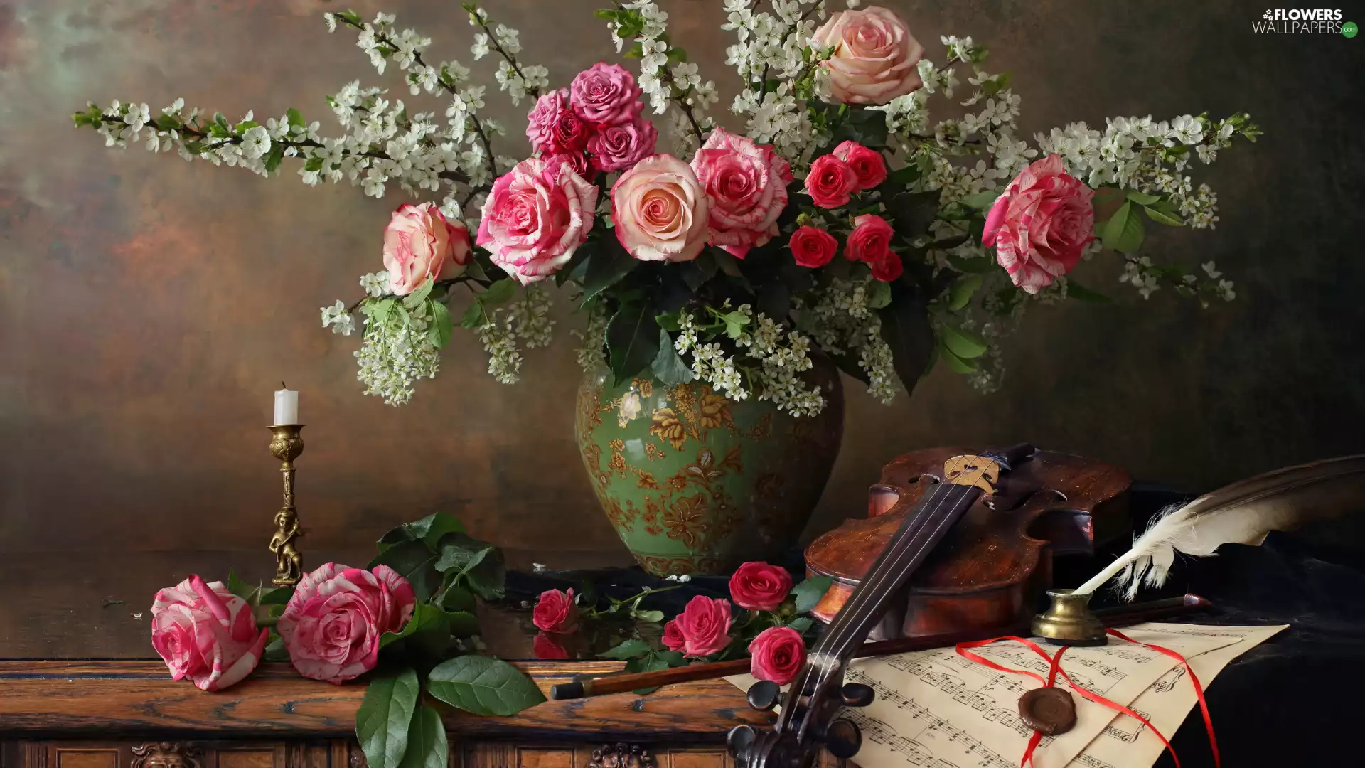 bouquet, Vase, roses, Flourished, gooses, pen, violin, Tunes, Twigs