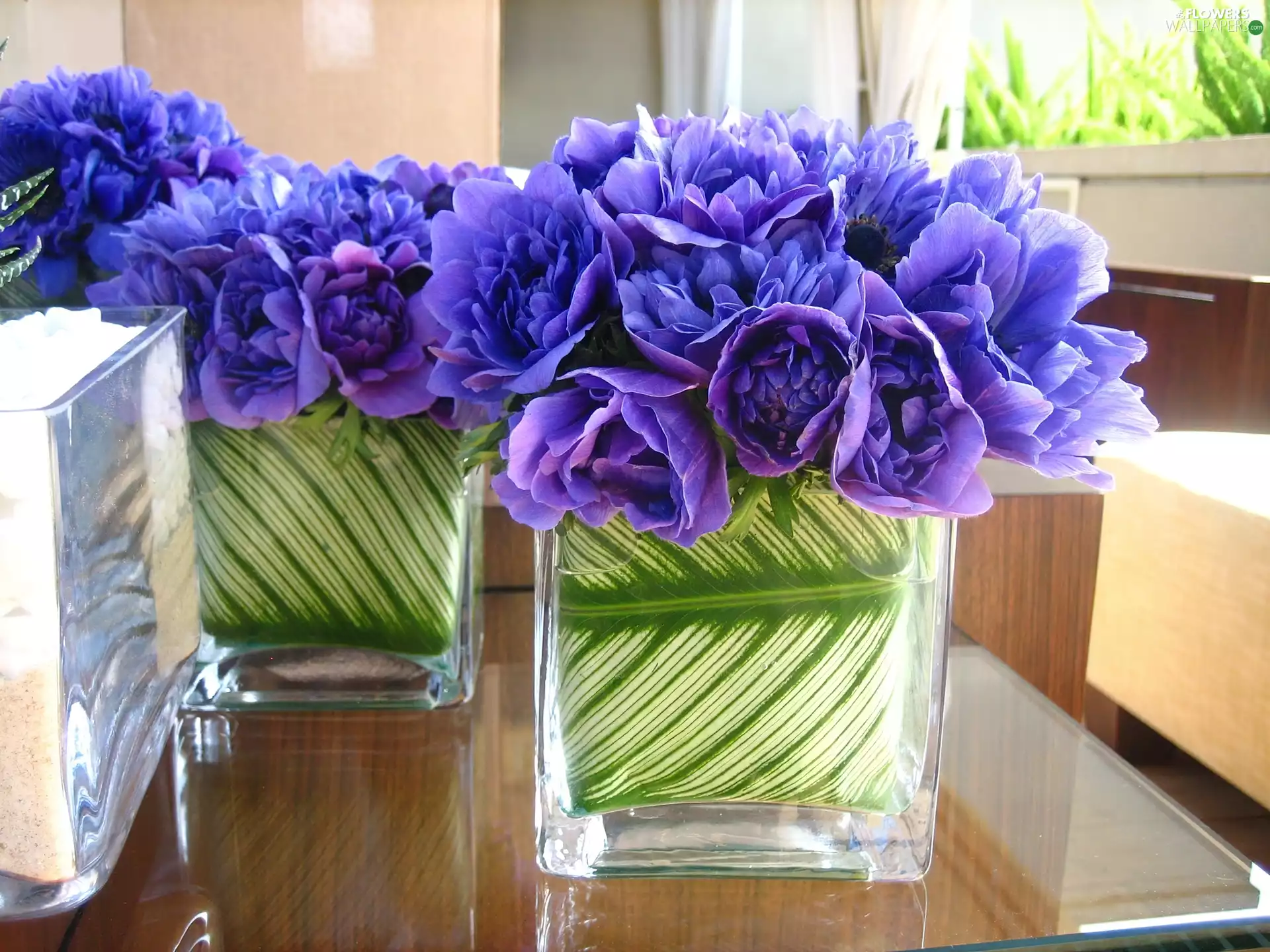 Bouquets, flowers, vases, Blue, glass