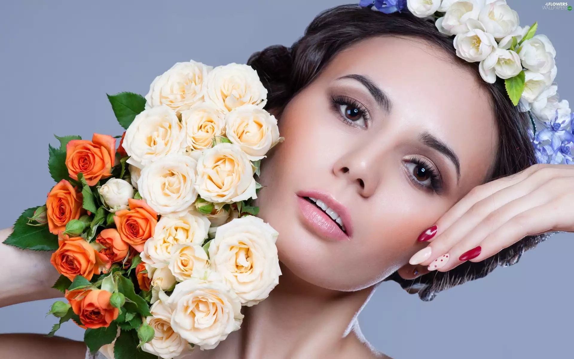 make-up, Women, bouquet, roses, Flowers, light brown