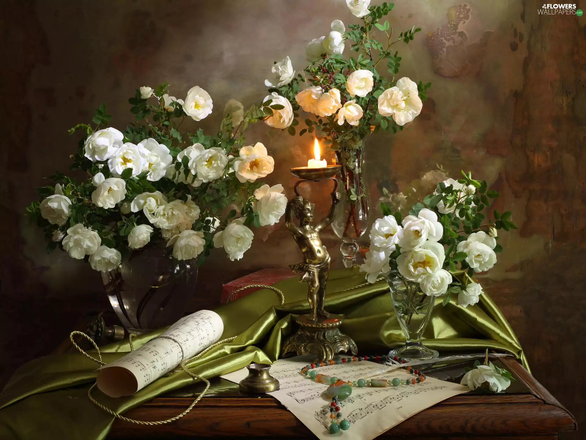 candle, Bouquets, White, Tunes, vases, Flowers, roses, composition, scroll, figure
