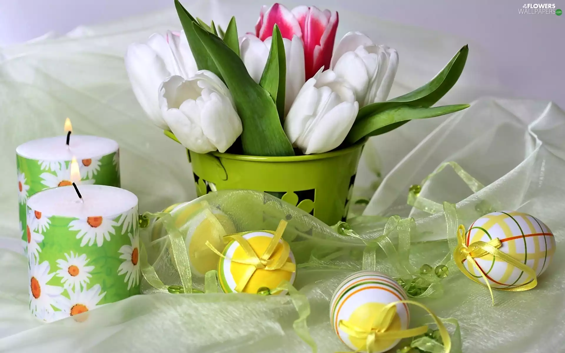 Candles, composition, tulips, eggs, bouquet