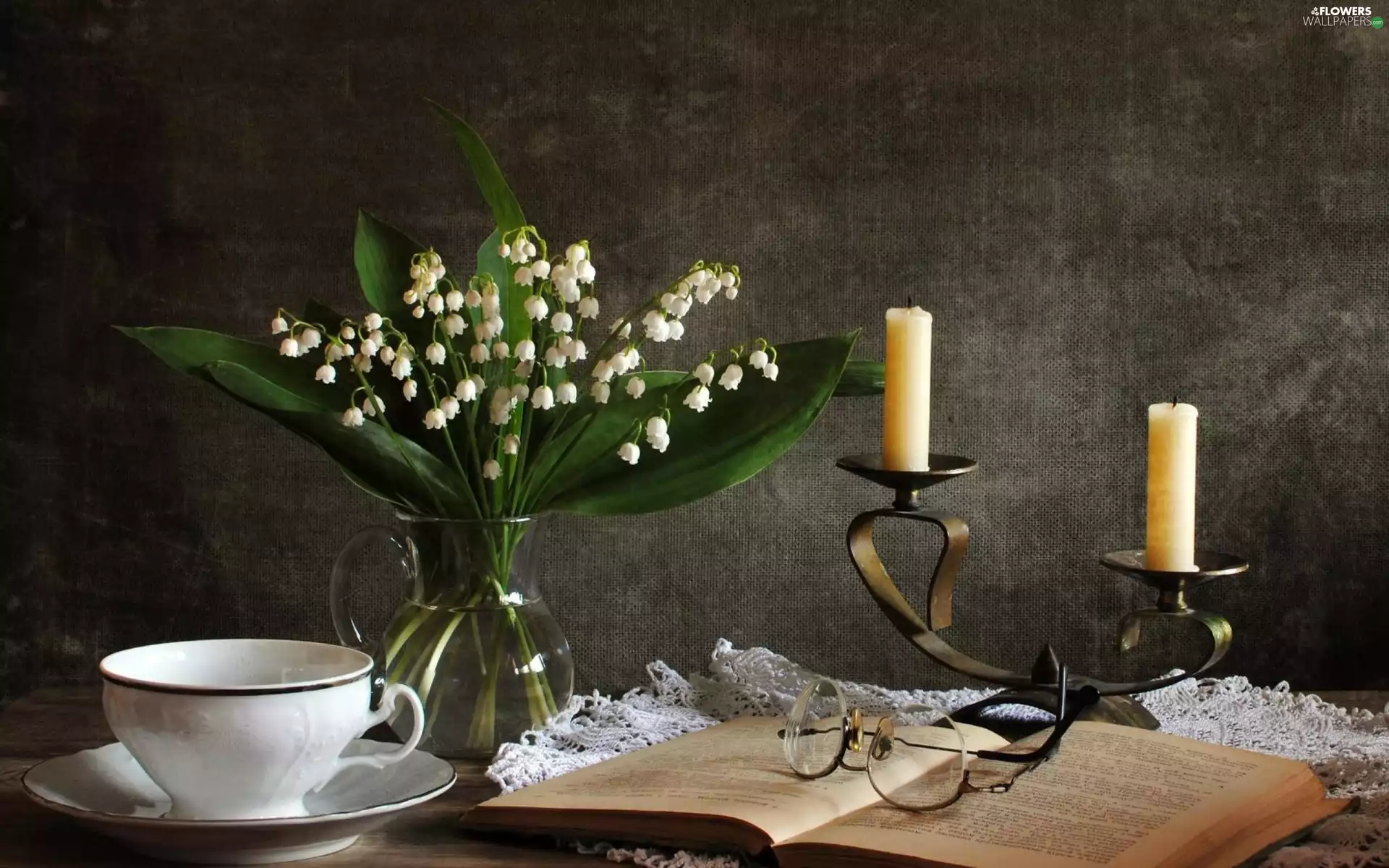 lilies, Glasses, candlestick, Book