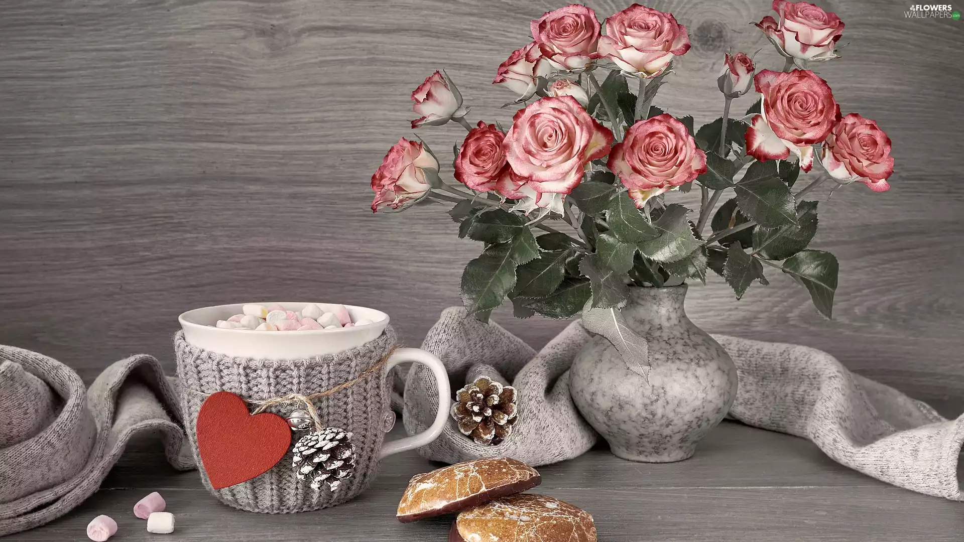 coffee, Cup, Foams, Heart teddybear, Scarf, composition, Vase, roses, cookies
