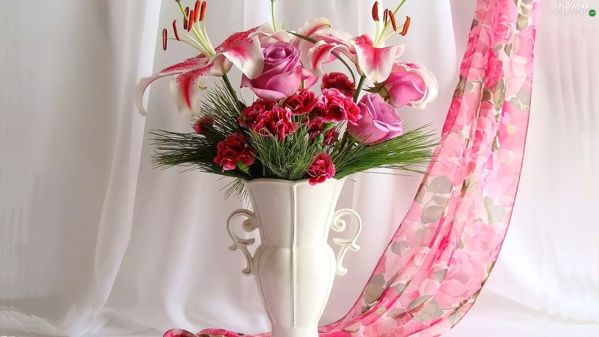 bouquet, White, color, shawl, flowers, Vase