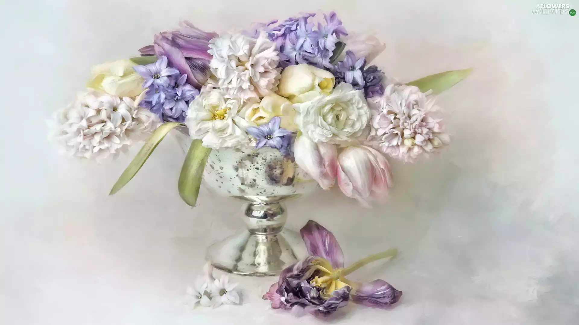 Hyacinths, Flowers, Vase, cup, Tulips, bouquet