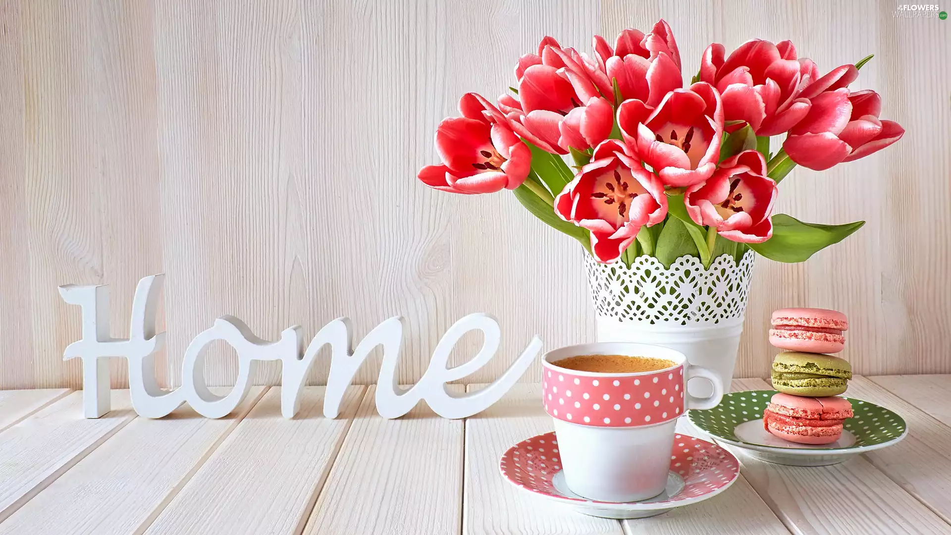 Vase, Macaroons, home, coffee, text, Tulips, bloom, Cup