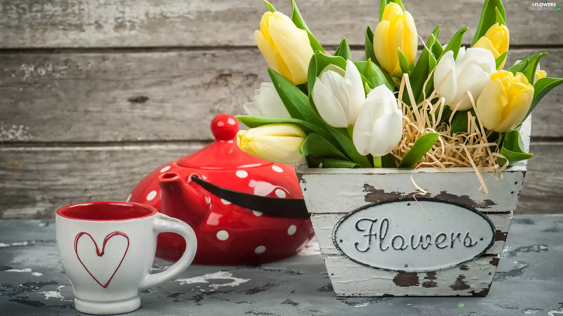 kettle, Cup, Wooden, pot, Tulips
