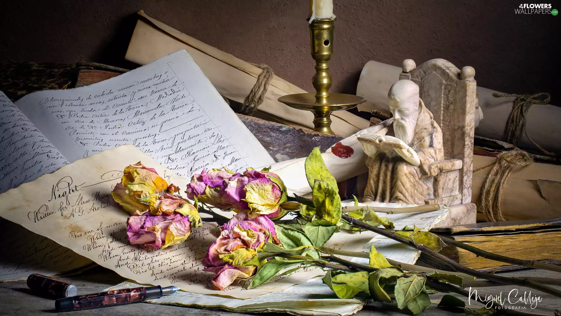 dry, composition, Flowers, roses, candle, Books, list, pen, figure