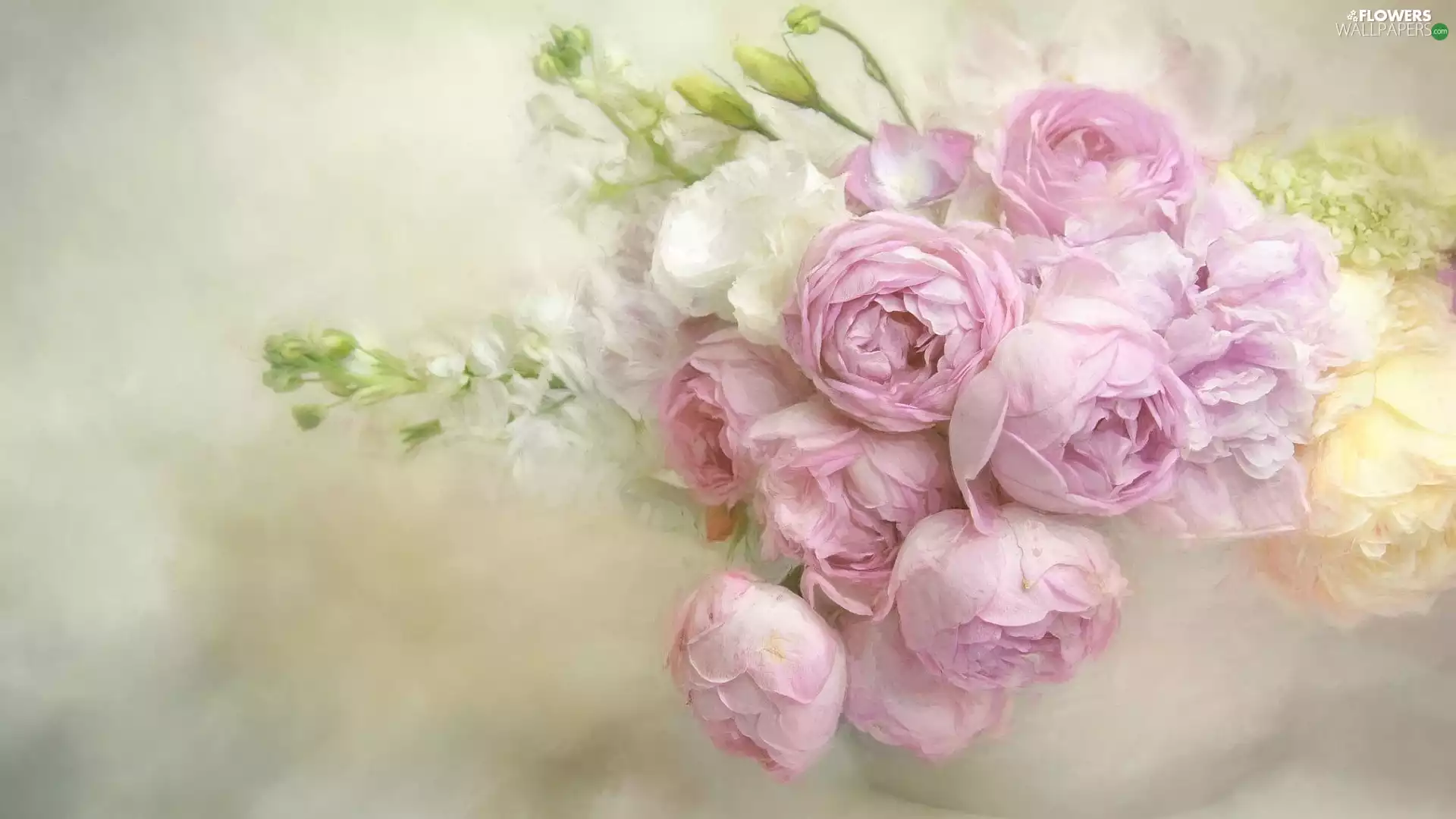 Pink, Vase, White, Eustomy, roses, bouquet