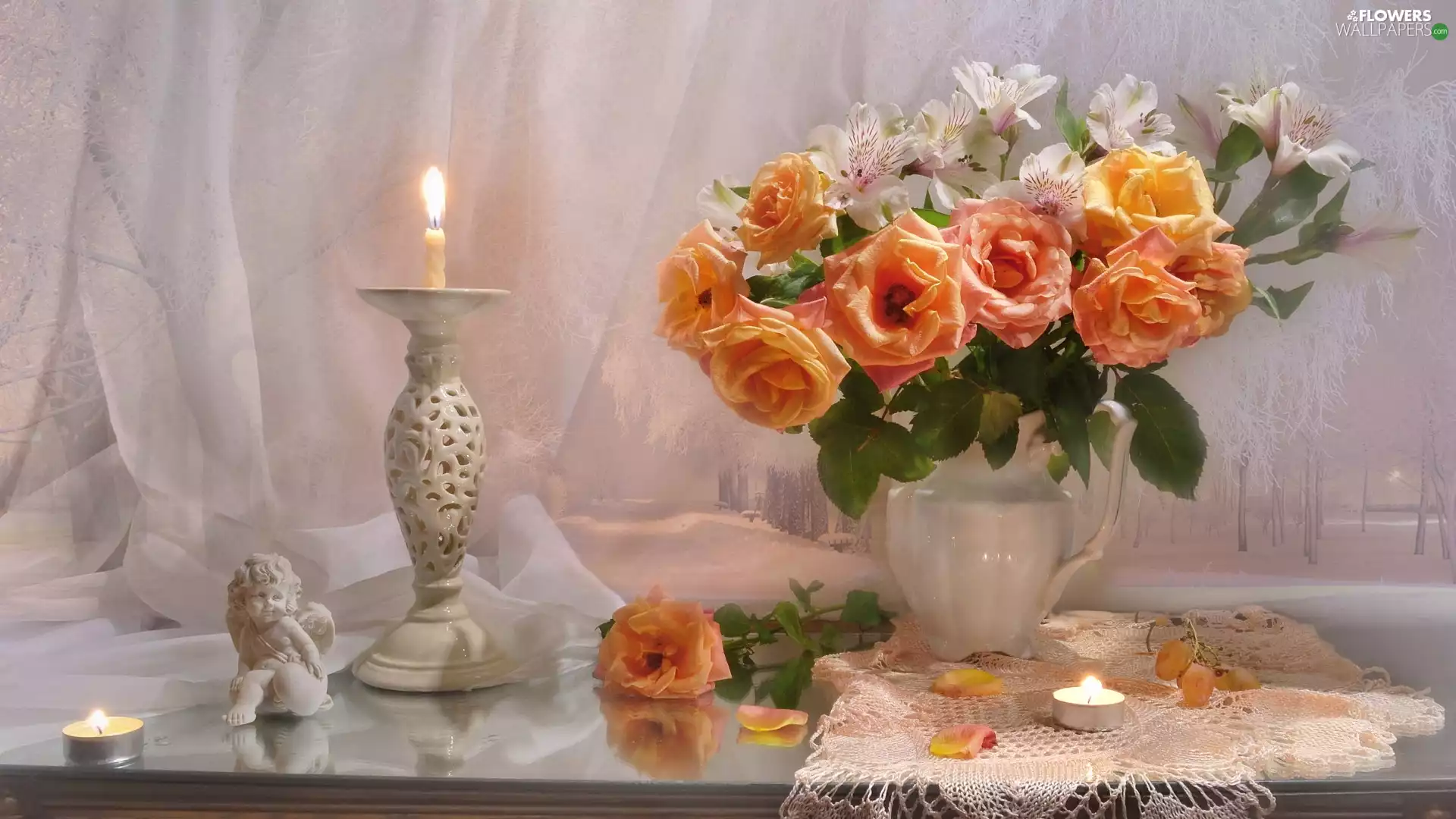 Flowers, composition, roses, Alstroemeria, angel, Table, candle, figure, Vase