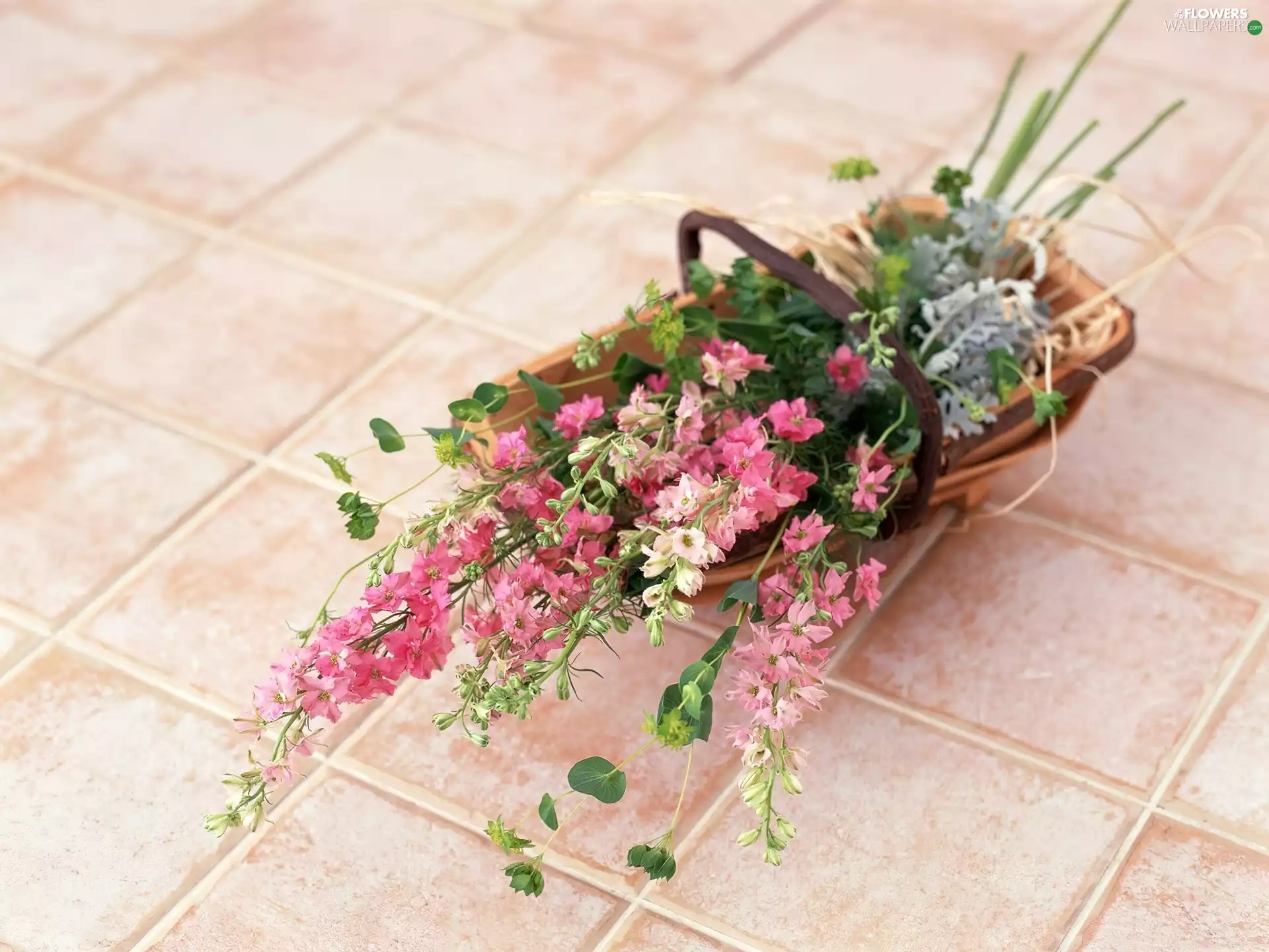 flowers, basket, pink