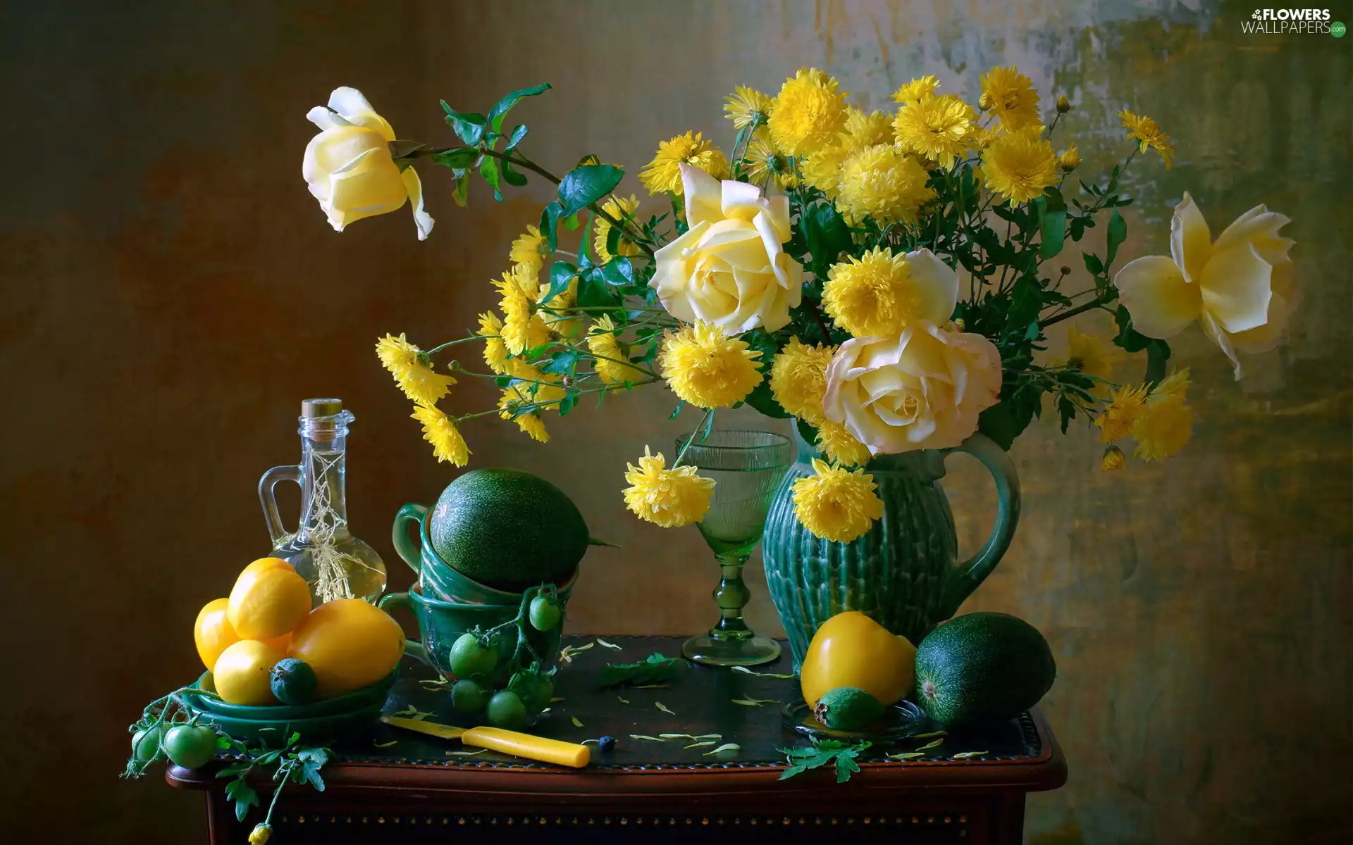 roses, jug, vegetables, Flowers, bouquet, chrysanthemum, composition