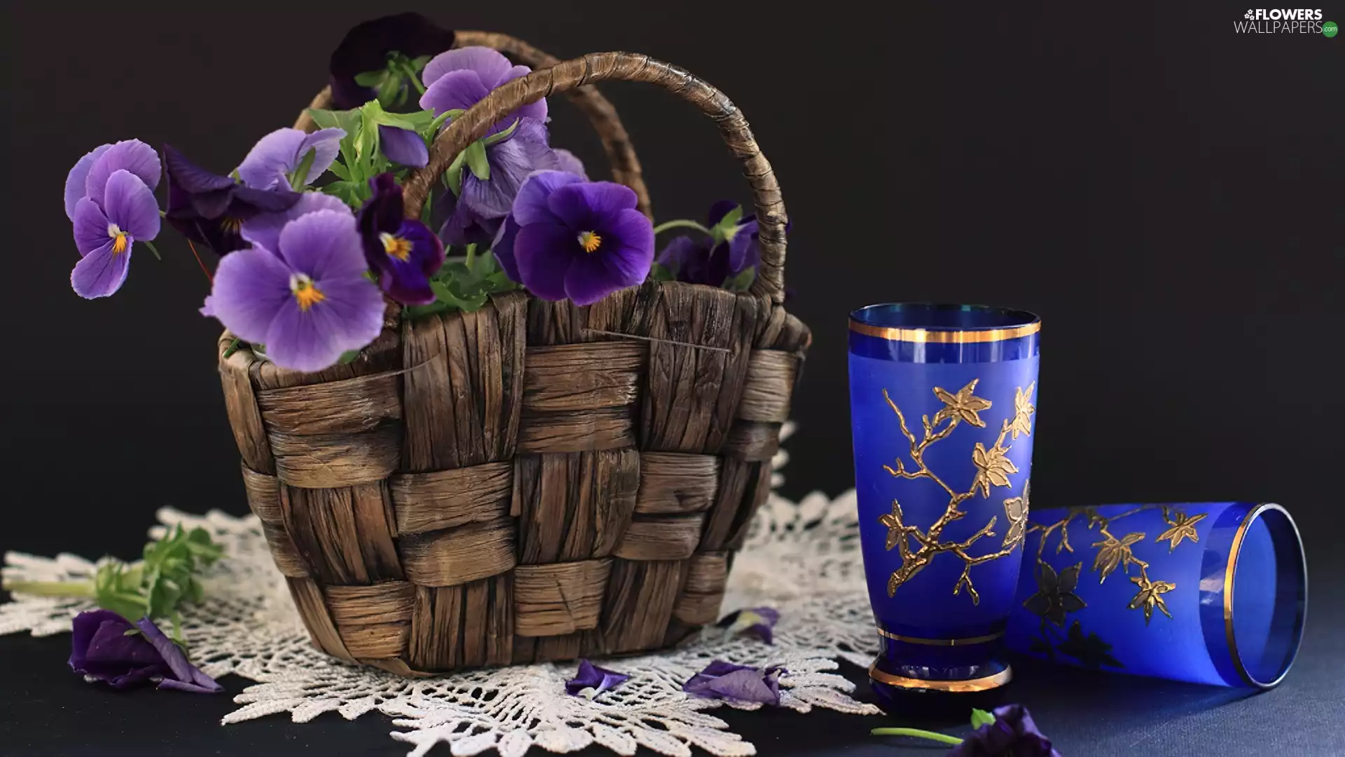 basket, pansies, glasses, purple