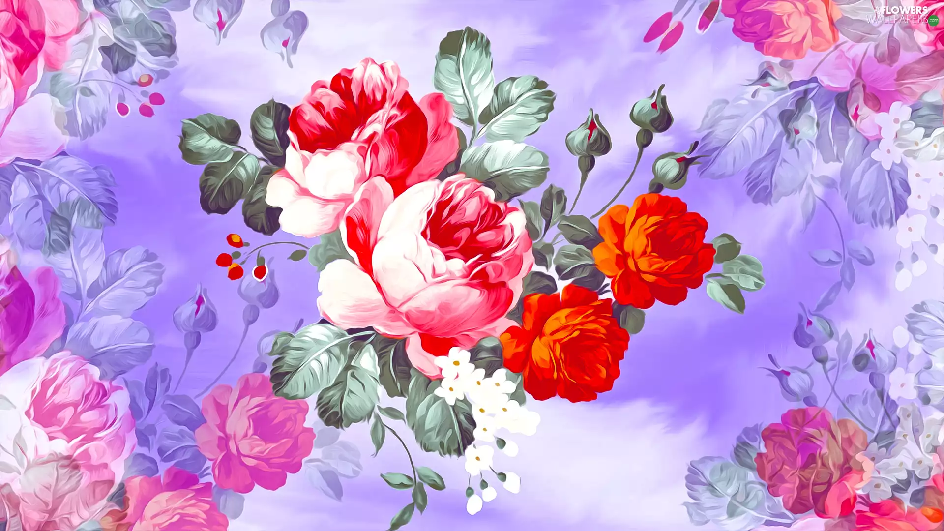 roses, graphics, Red, Pink, Flowers