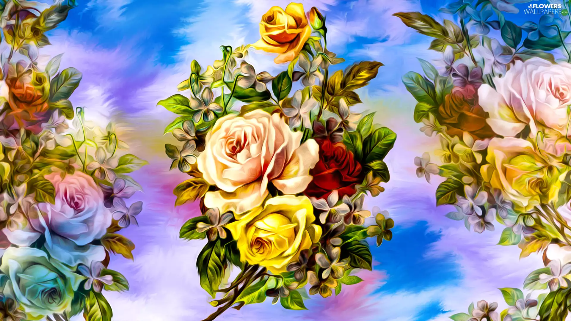 bouquet, Flowers, background, graphics, color, roses