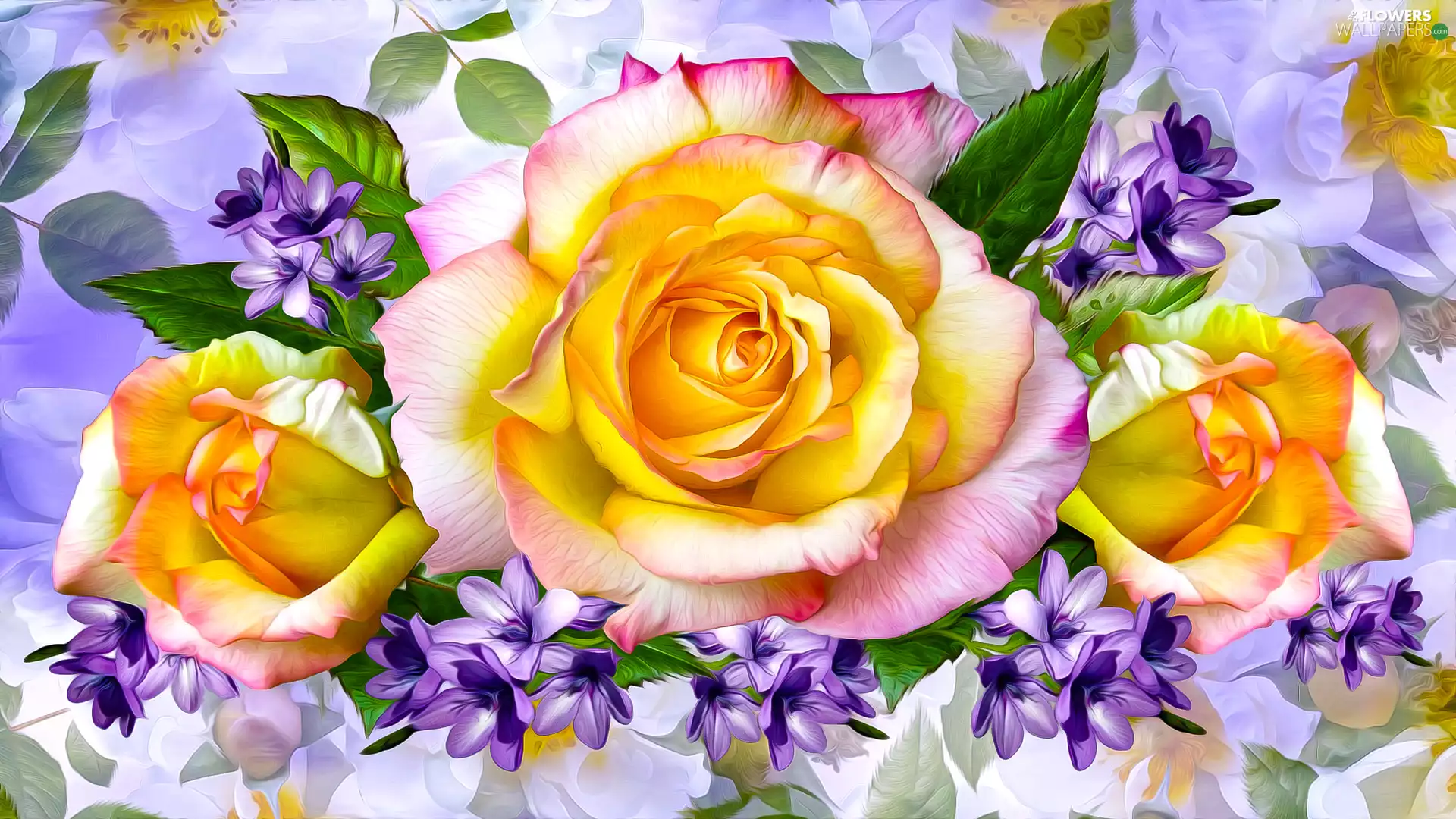 roses, Flowers, Flowers, graphics, purple, Yellow