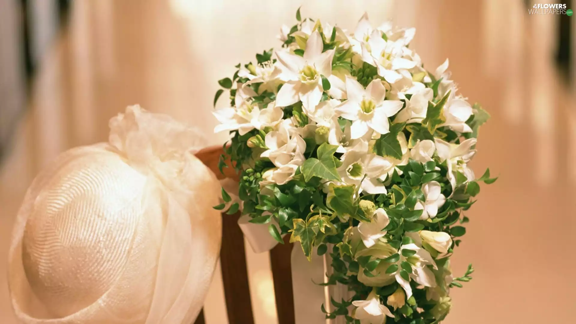 wedded, Chair, Hat, bouquet