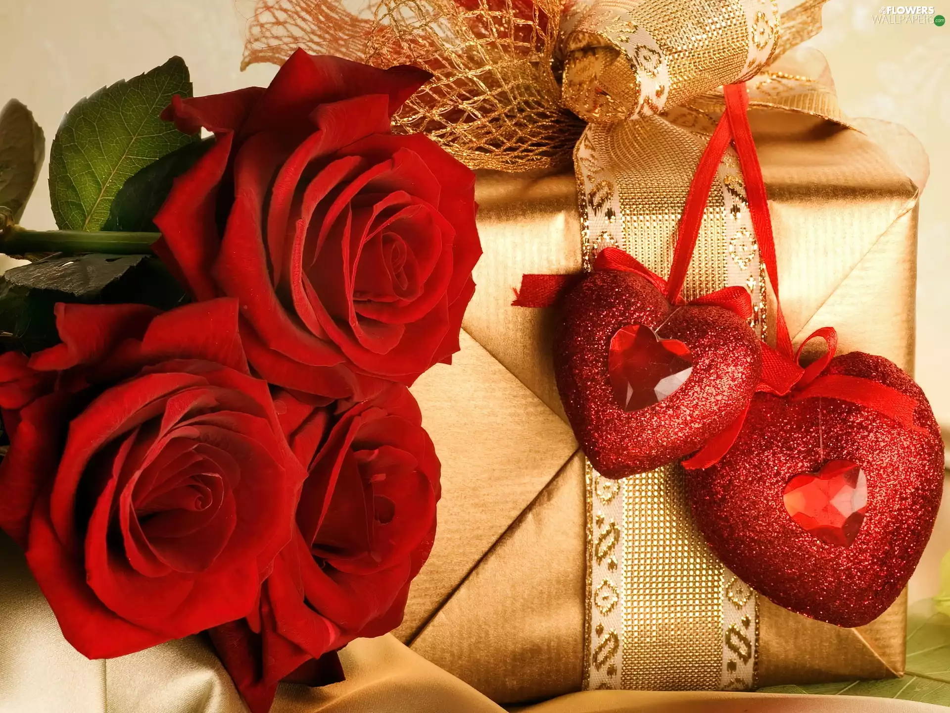 Red, Present, heart, roses
