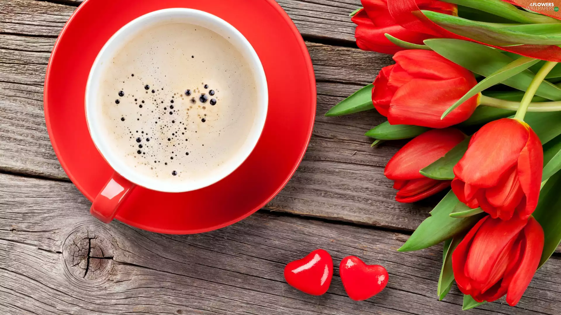 Tulips, coffee, plate, hearts, cup, Red