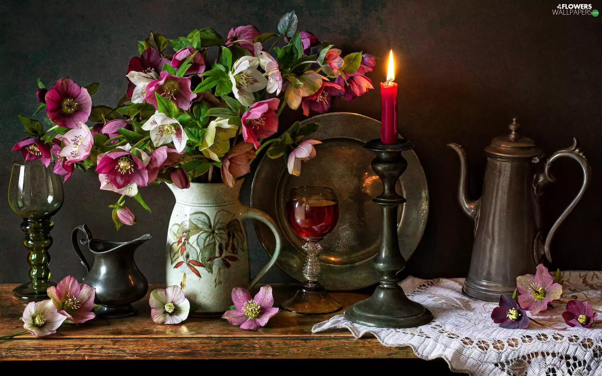 jug, Flowers, glass, Helleborus, composition, candle, napkin