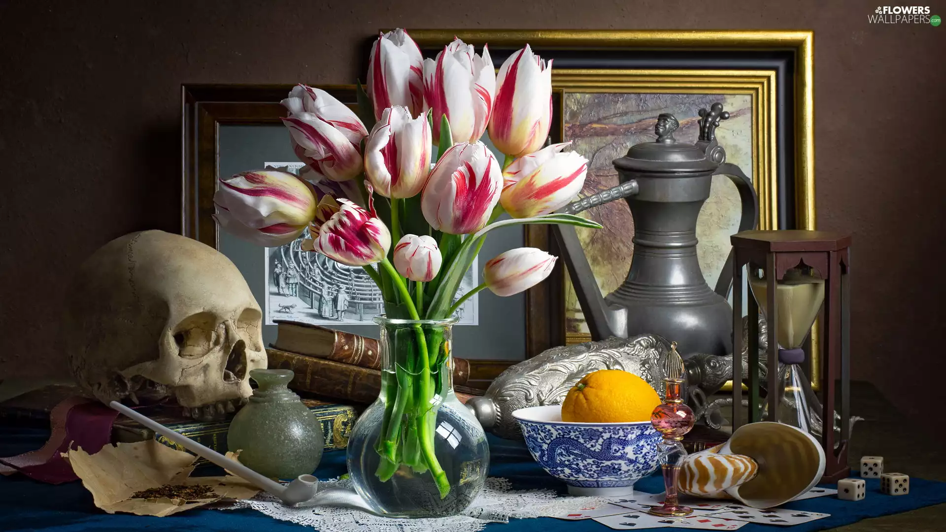skull, Books, composition, Paintings, hourglass, Vase, Tulips, jug