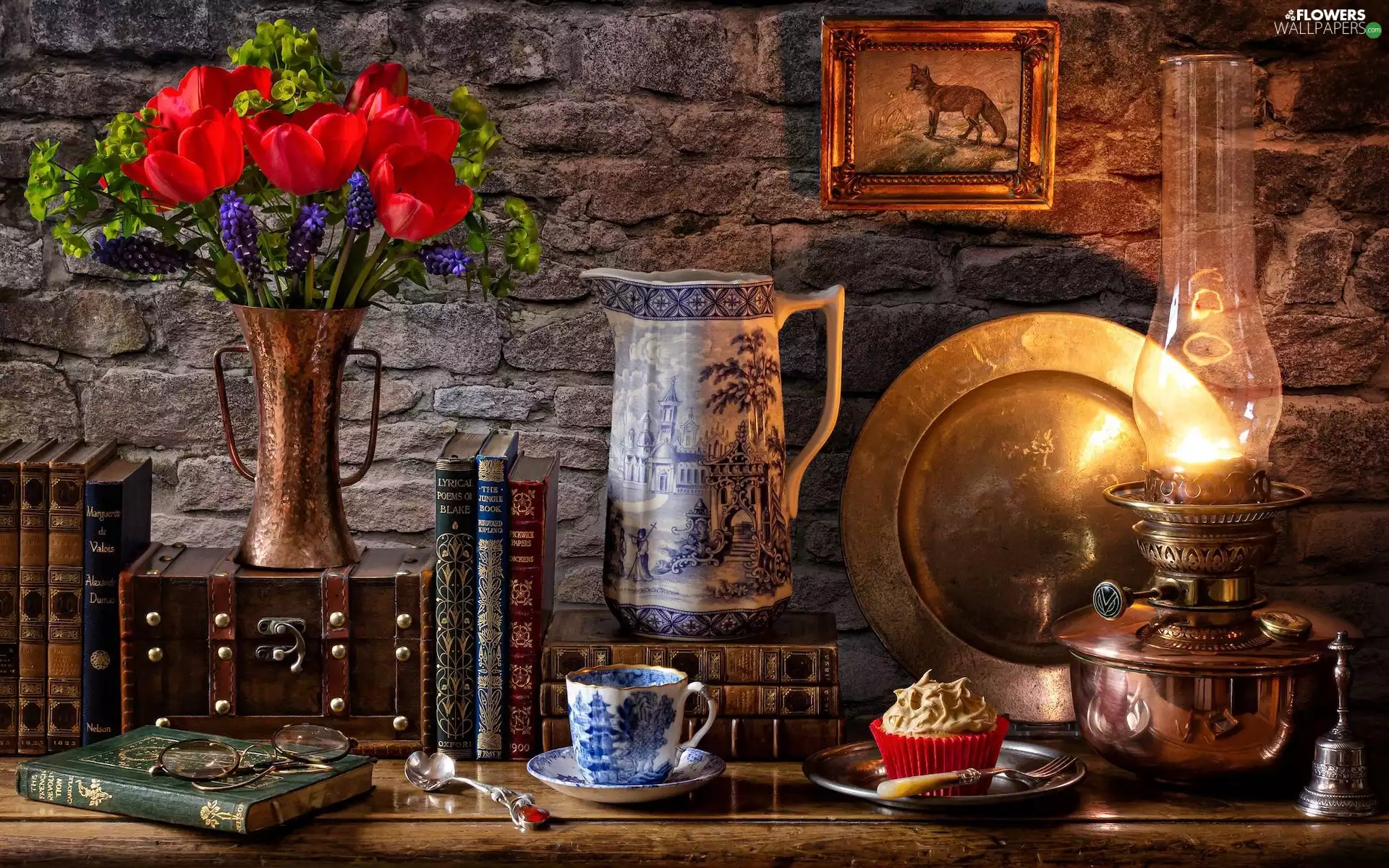 Books, Tulips, Glasses, jug, composition, Lamp, cup