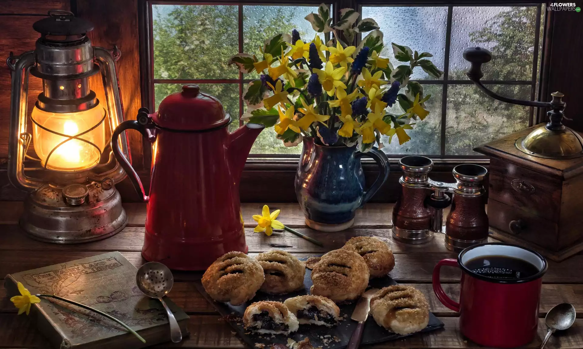 cookies, Book, coffee, jug, Vase, mill, binoculars, composition, Window, Oil Lamp, Daffodils, bouquet