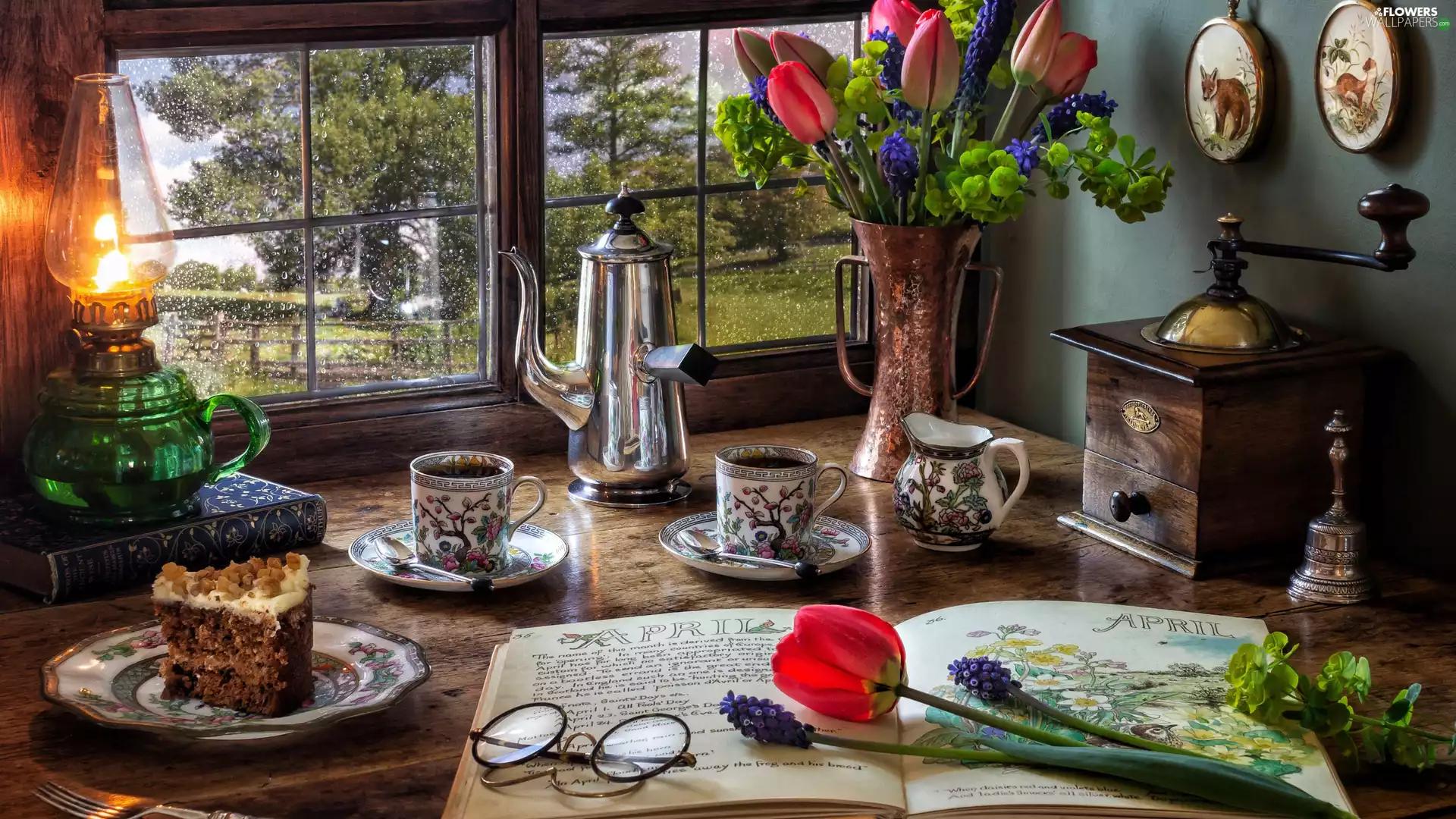 mill, coffee, Window, cake, Glasses, Oil Lamp, Tulips, Book