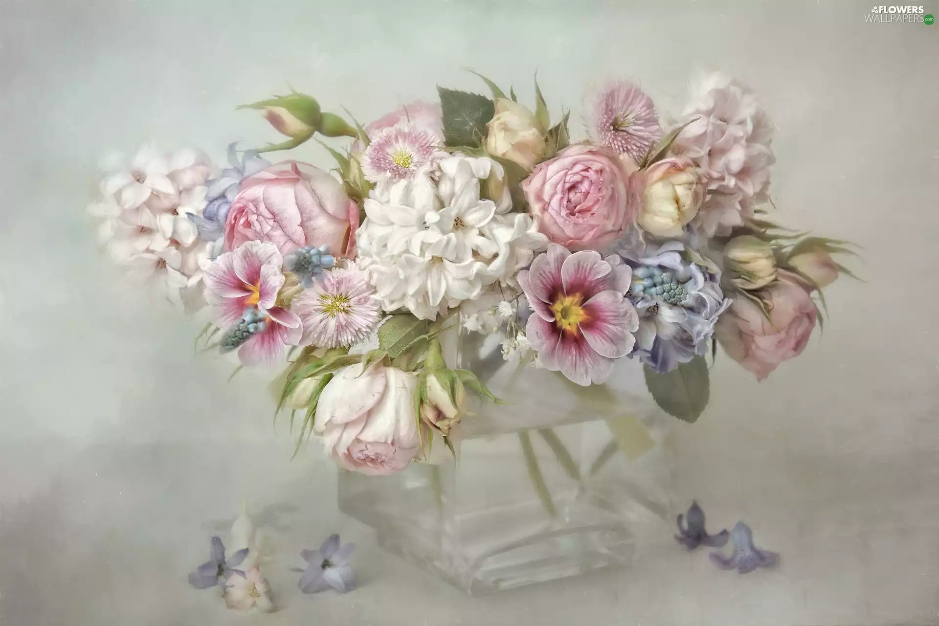 roses, bouquet, vase, Paintography, glass, Flowers