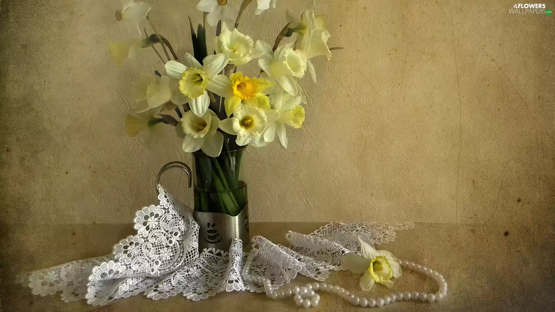 Pearl, lace, Yellow, Daffodils, Vase