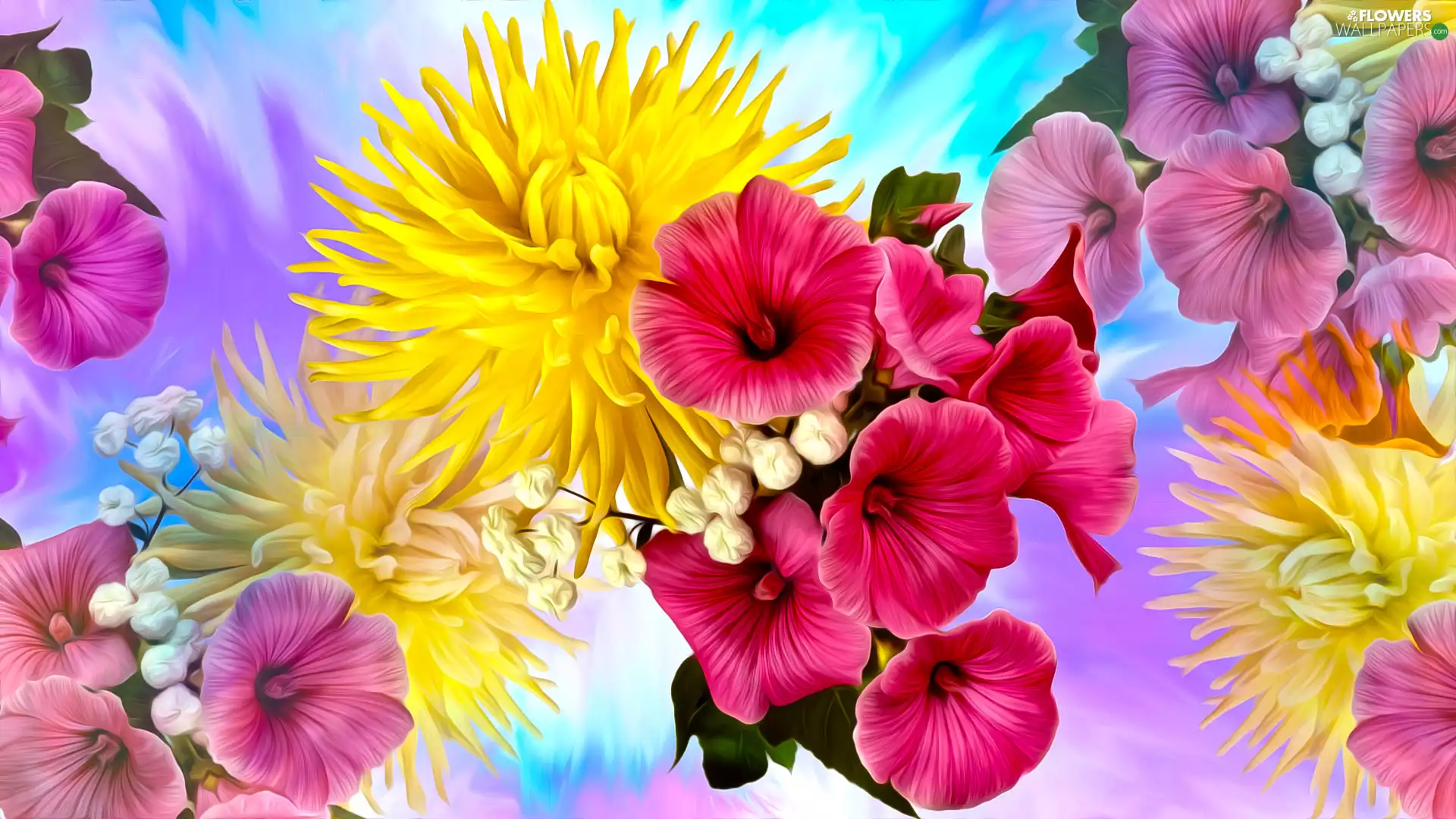 Flowers, chrysanthemum, graphics, petunia