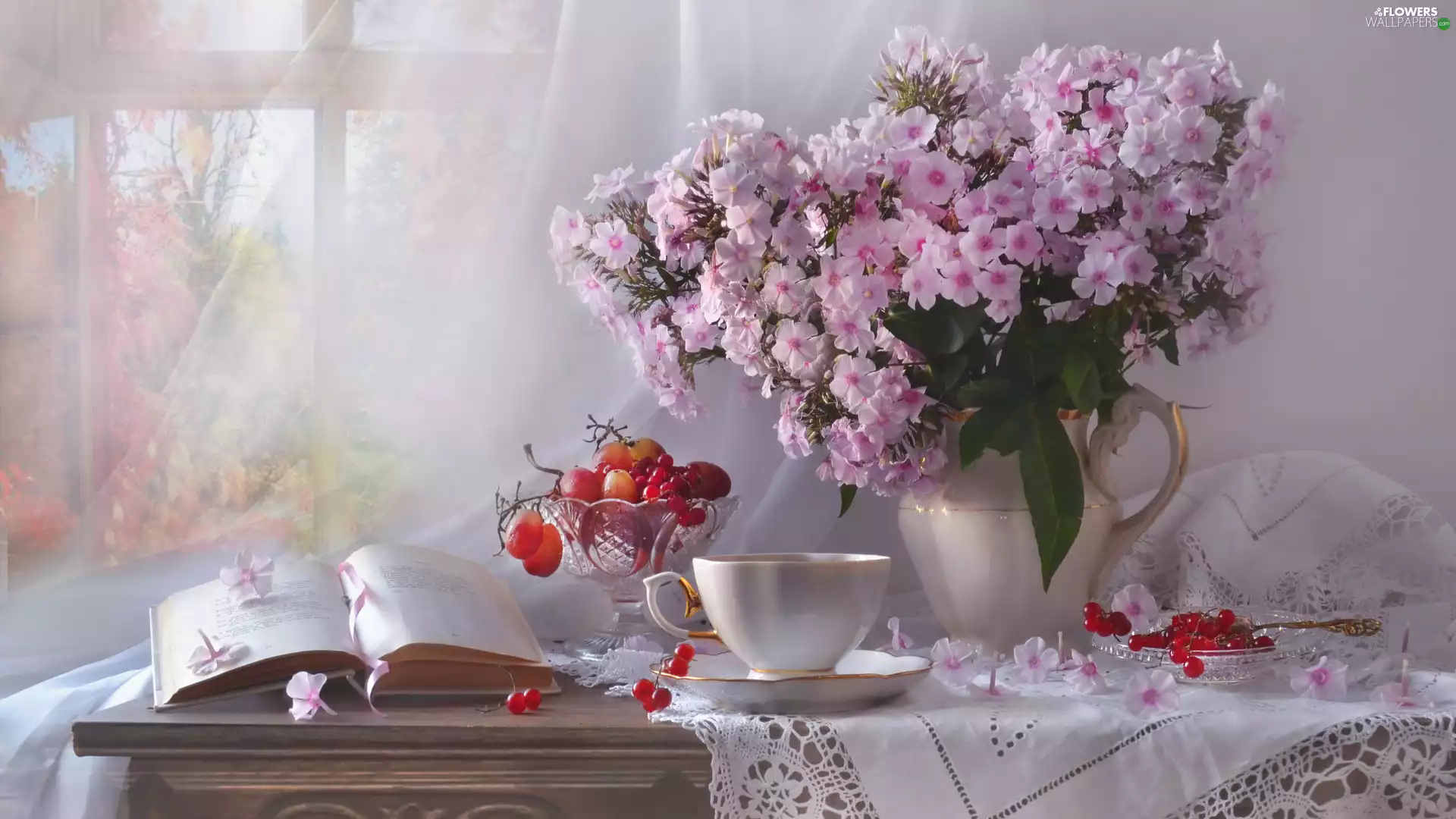 Grapes, bouquet, jug, tablecloth, cup, Flowers, phlox, composition, Red Currant, Book