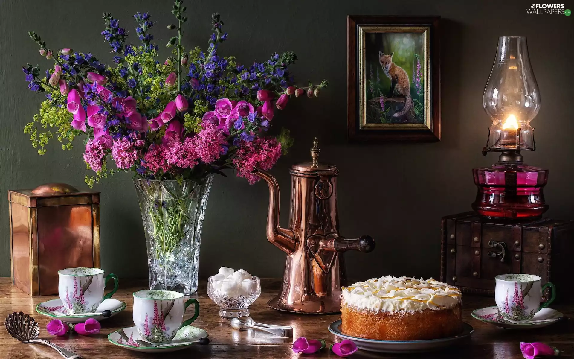 picture, Bouquet of Flowers, jug, Lamp, composition, cups, cake