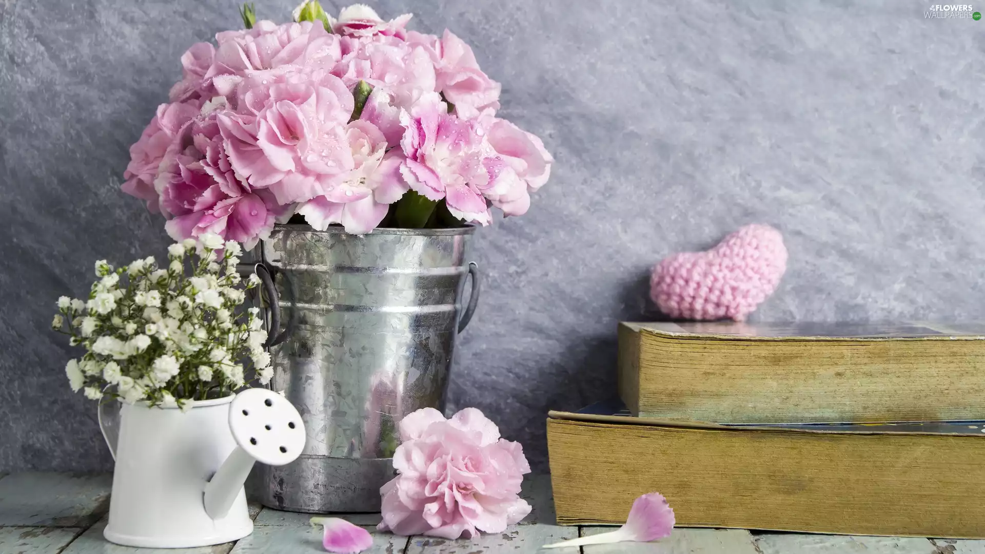 Bucket, Flowers, Books, Heart, watering can, Clove Pink