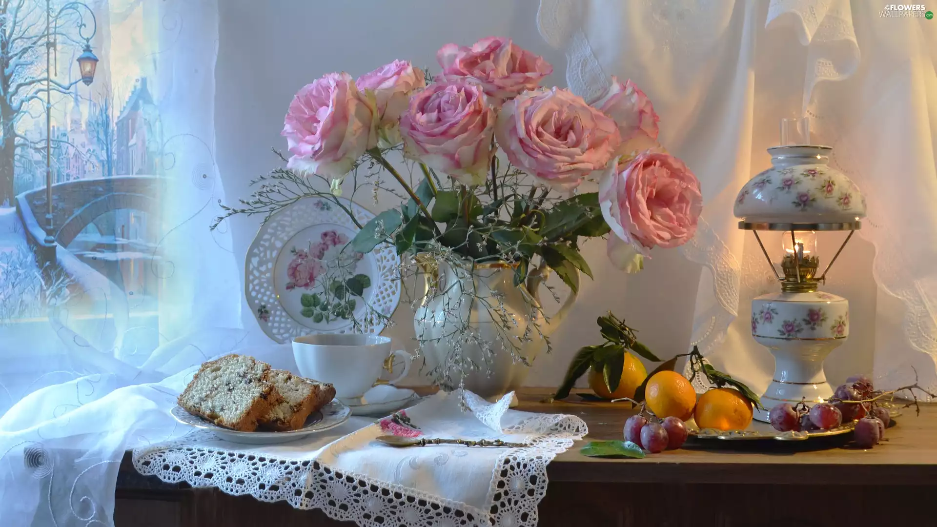 bouquet, jug, Fruits, Lamp, cake, roses, Pink, Plates