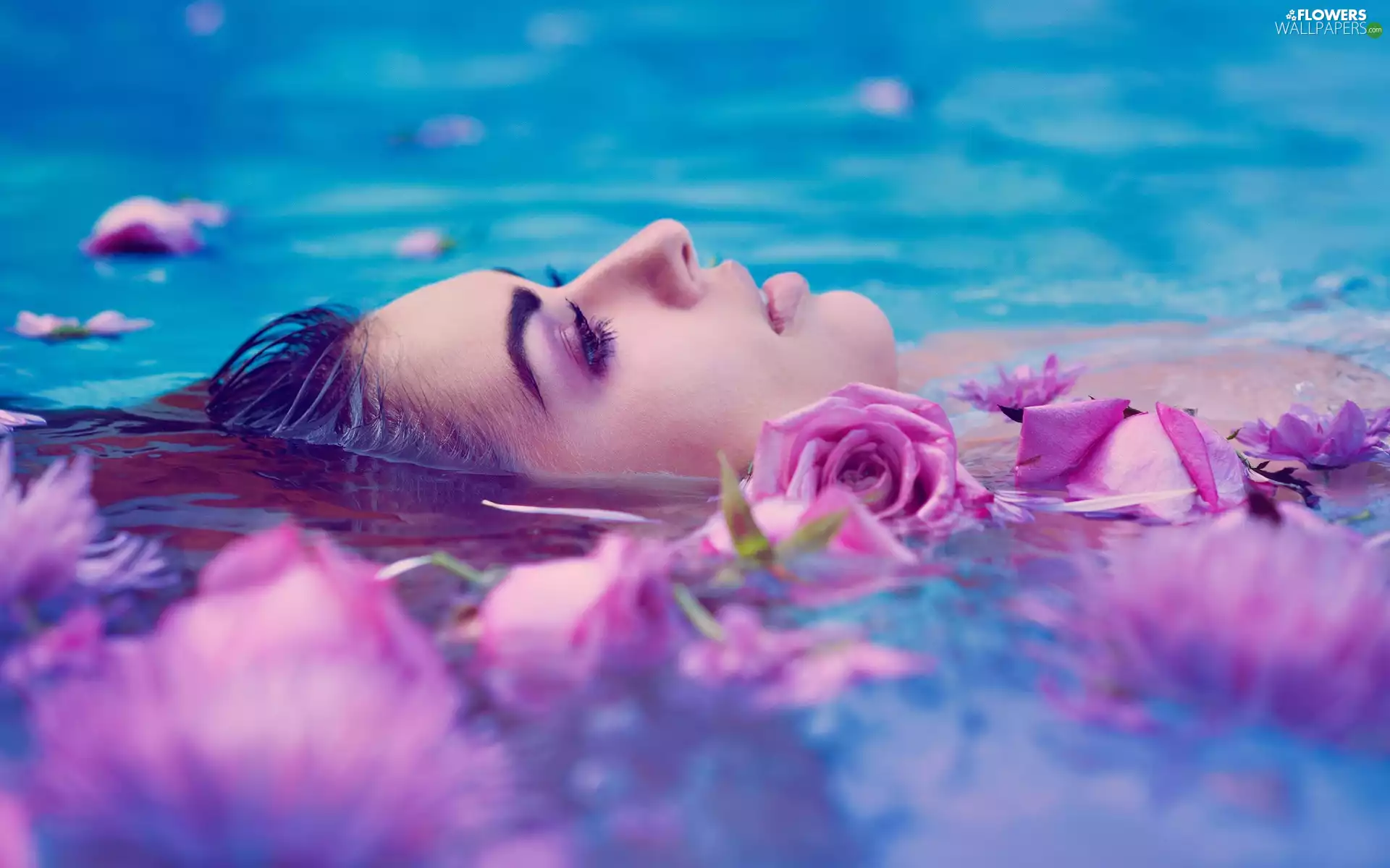 Women, roses, relaxation, water