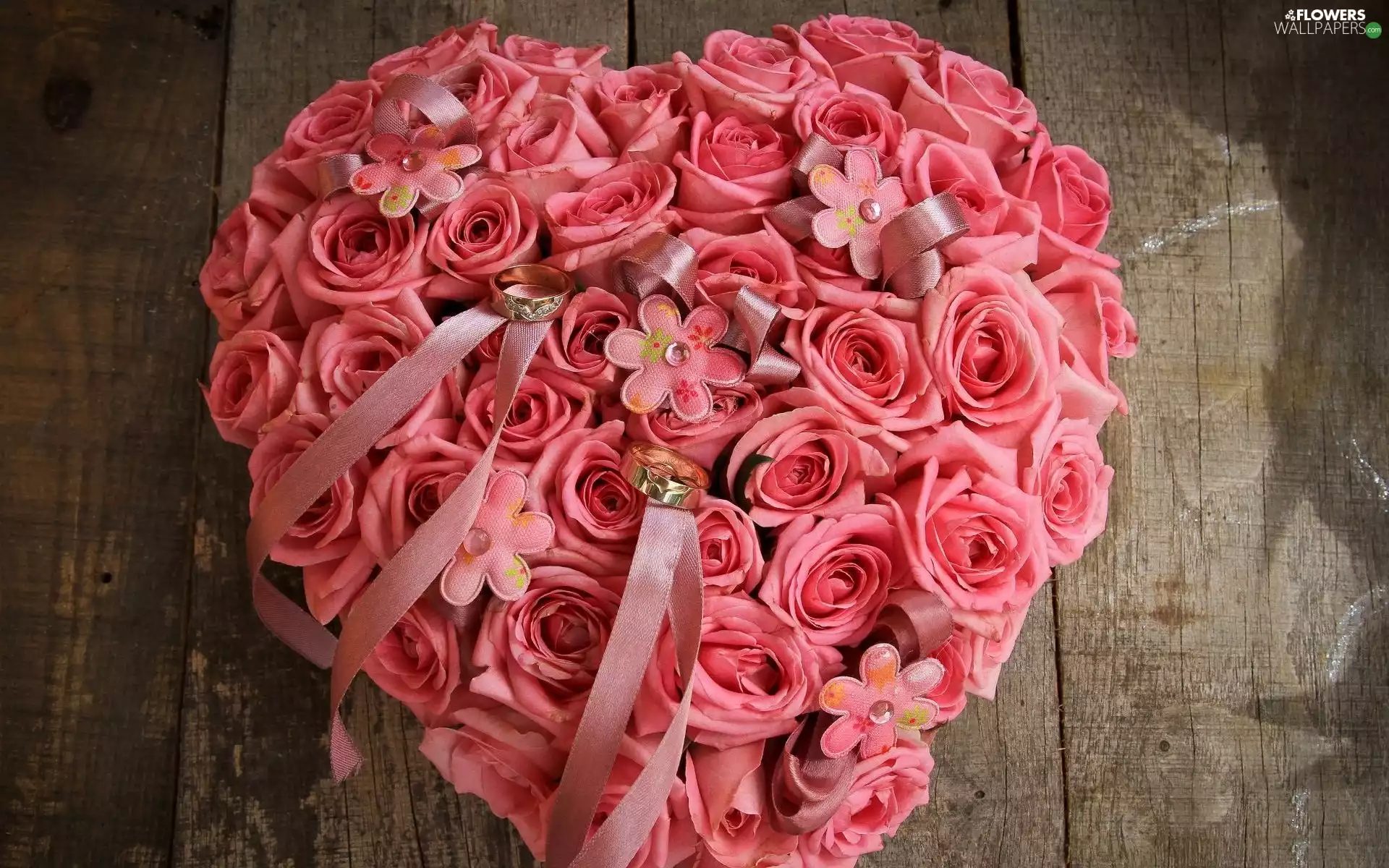 Pink, Heart, Ribbons, roses