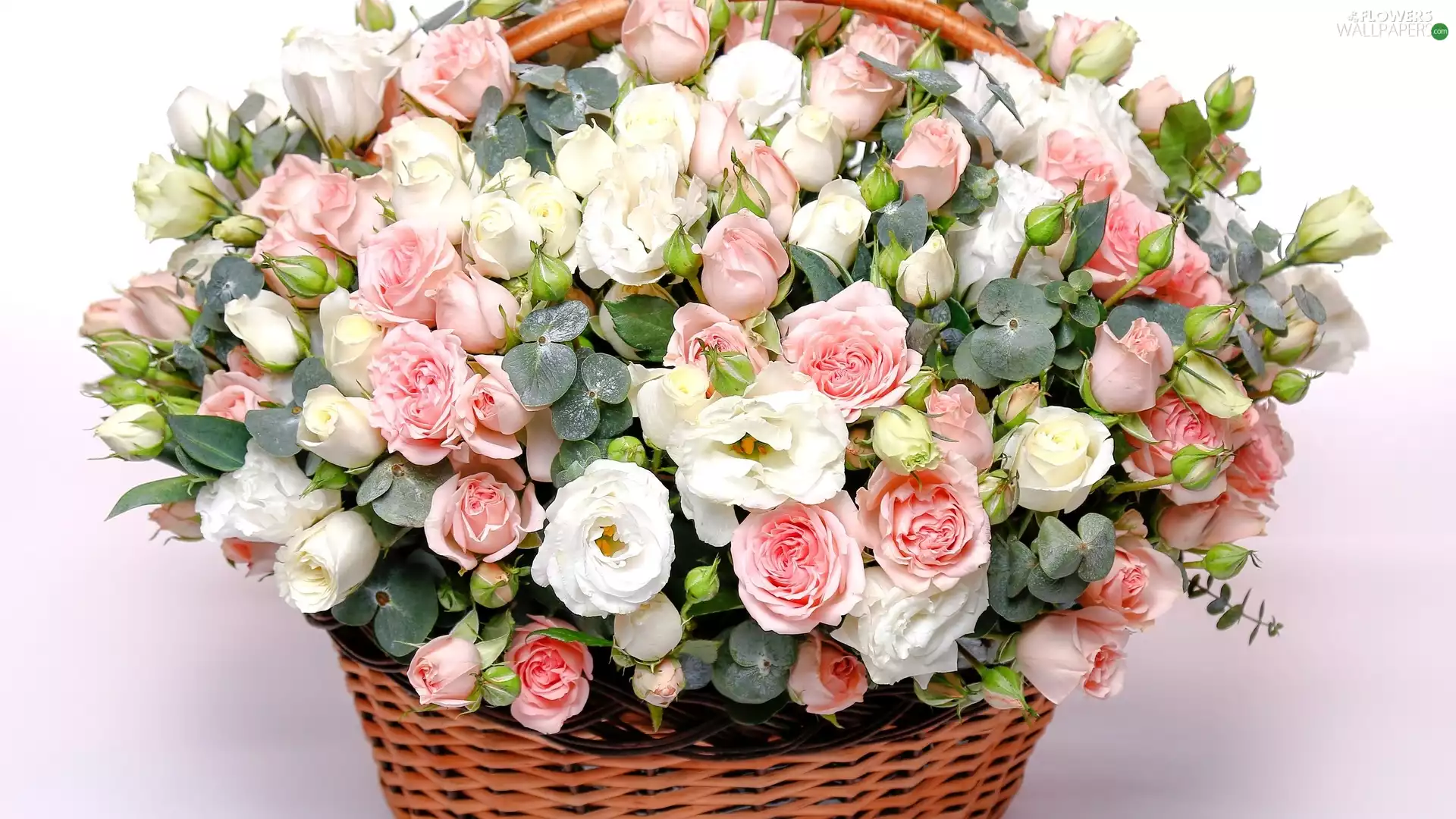 bouquet, wicker, basket, roses