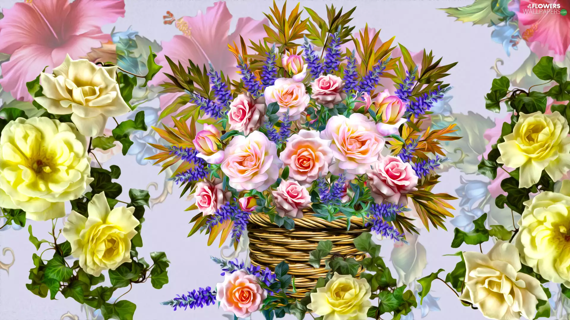 Flowers, basket, graphics, roses