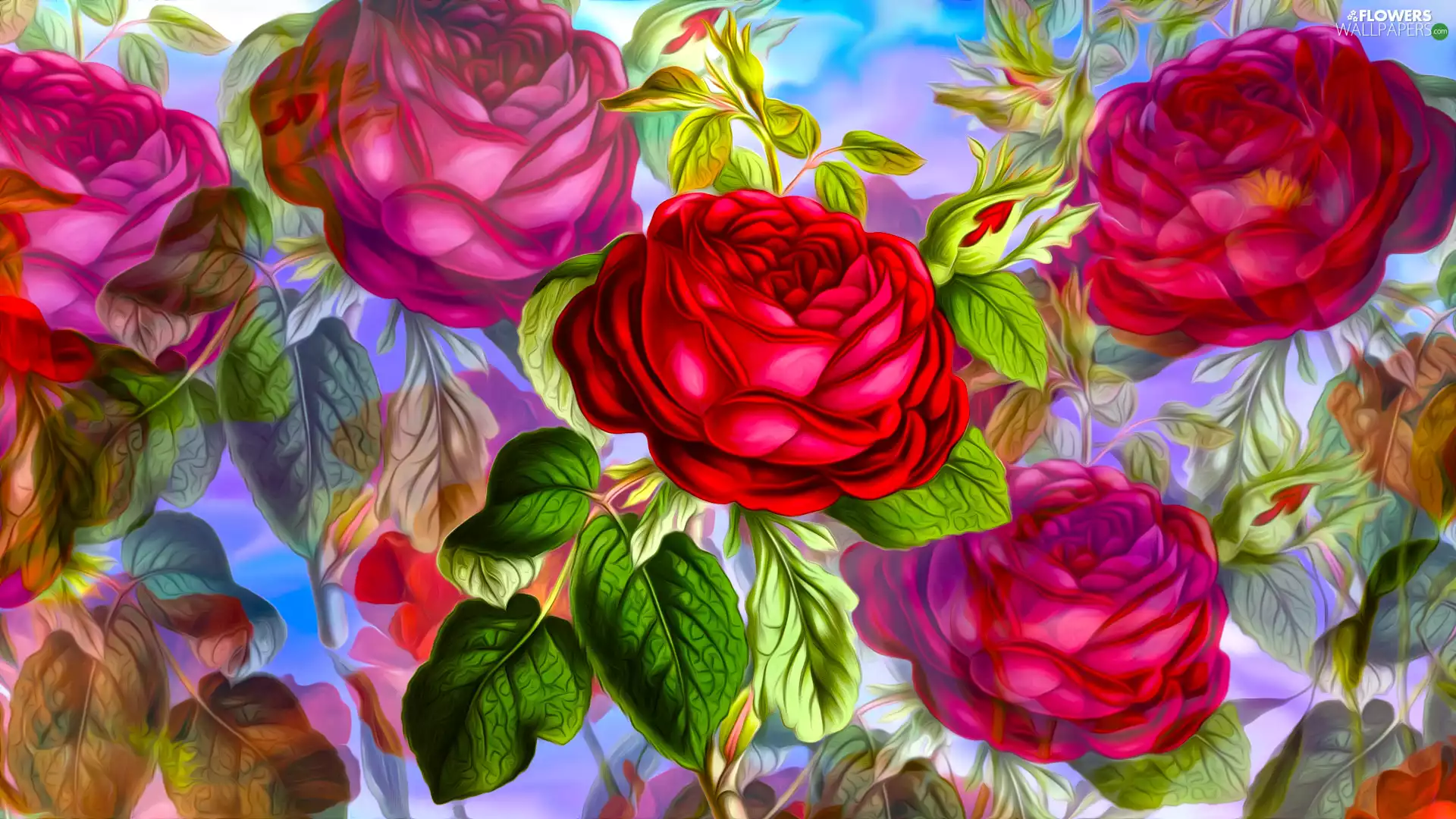 Flowers, Red, graphics, roses