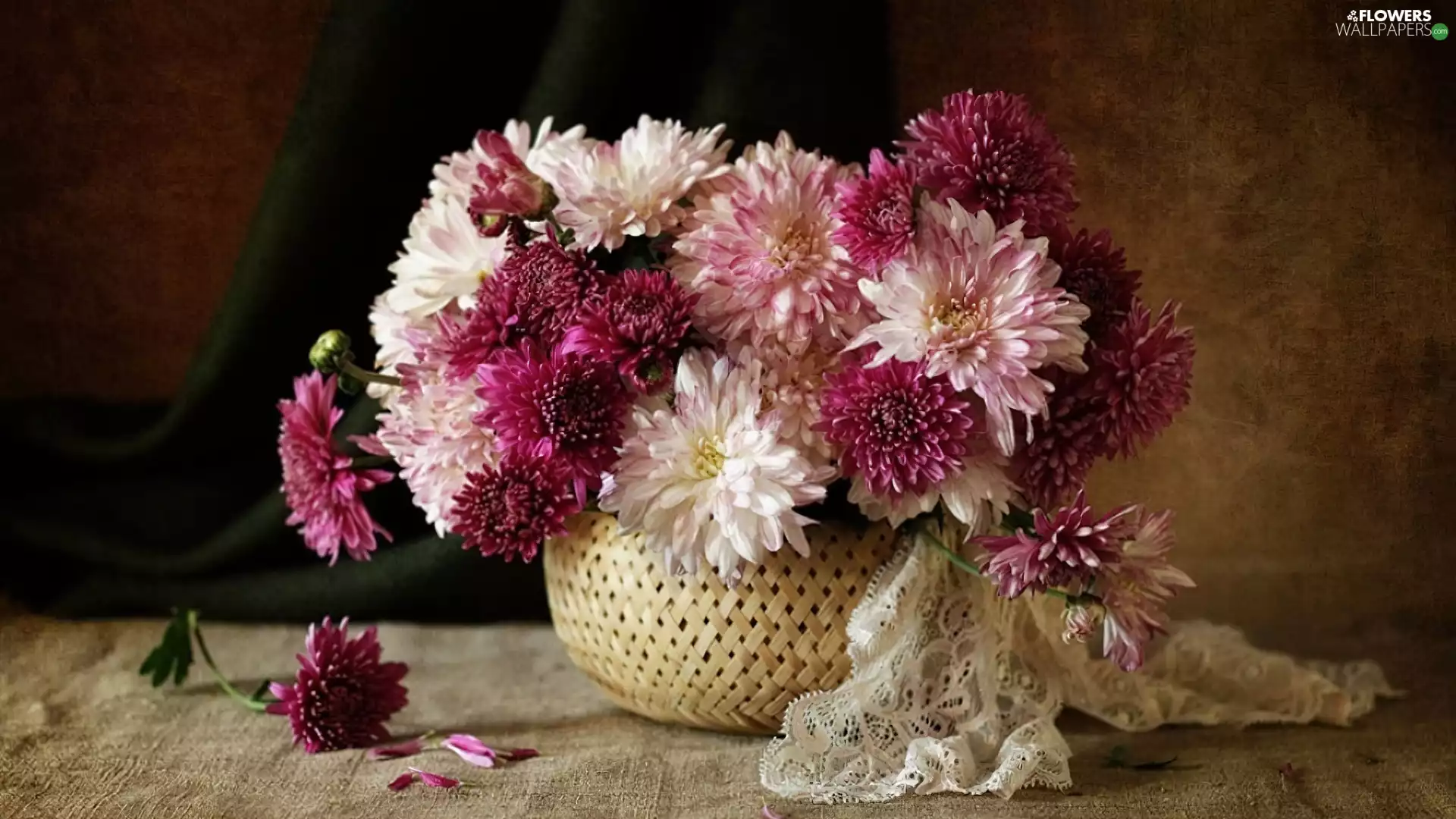 basket, chrysanthemums, shawl, bouquet