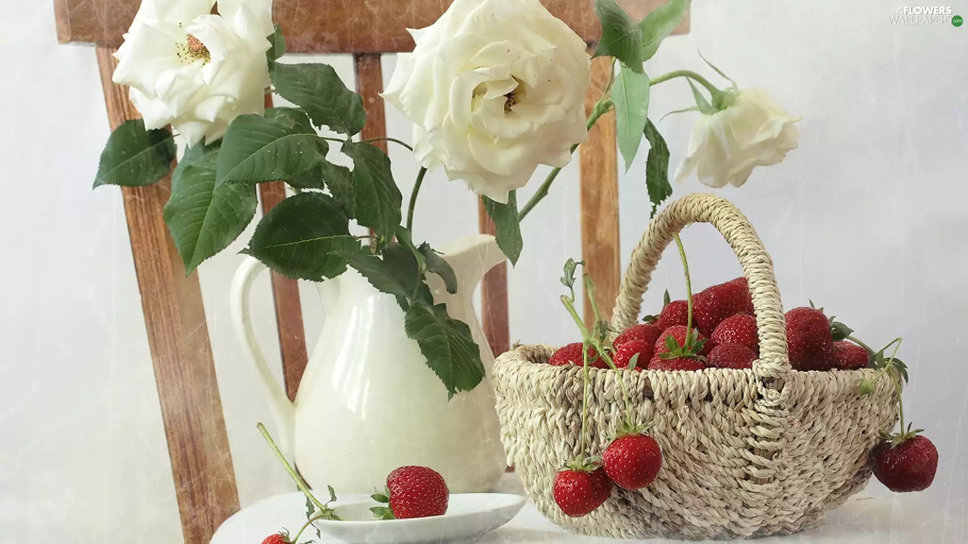Chair, basket, strawberries, roses