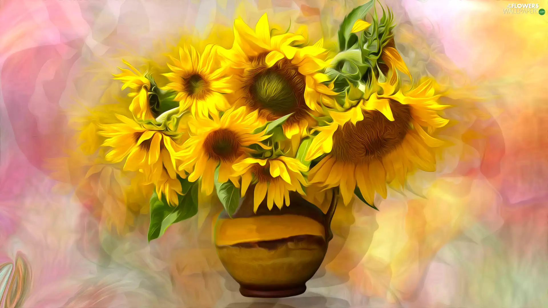 Nice sunflowers, Vase, graphics, bouquet