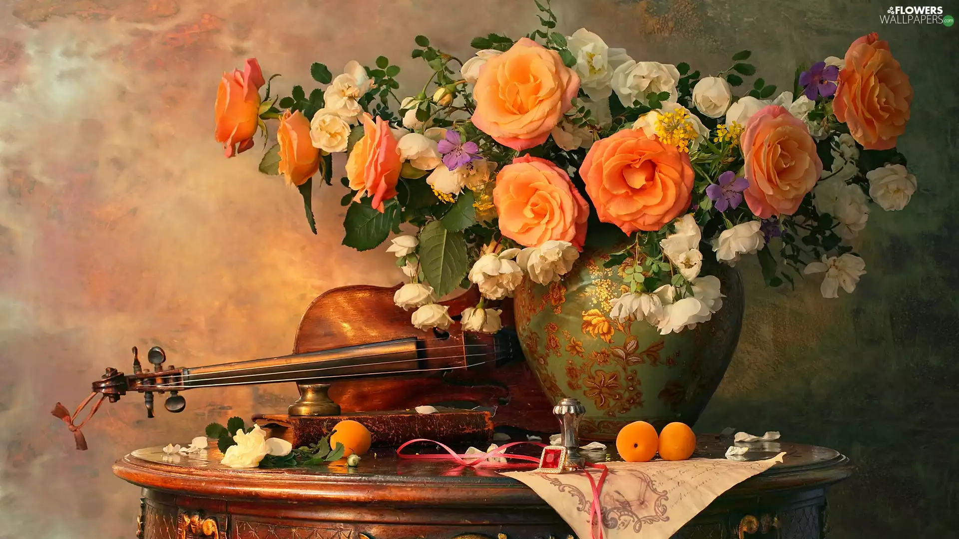 Vase, composition, apricots, table, violin, roses