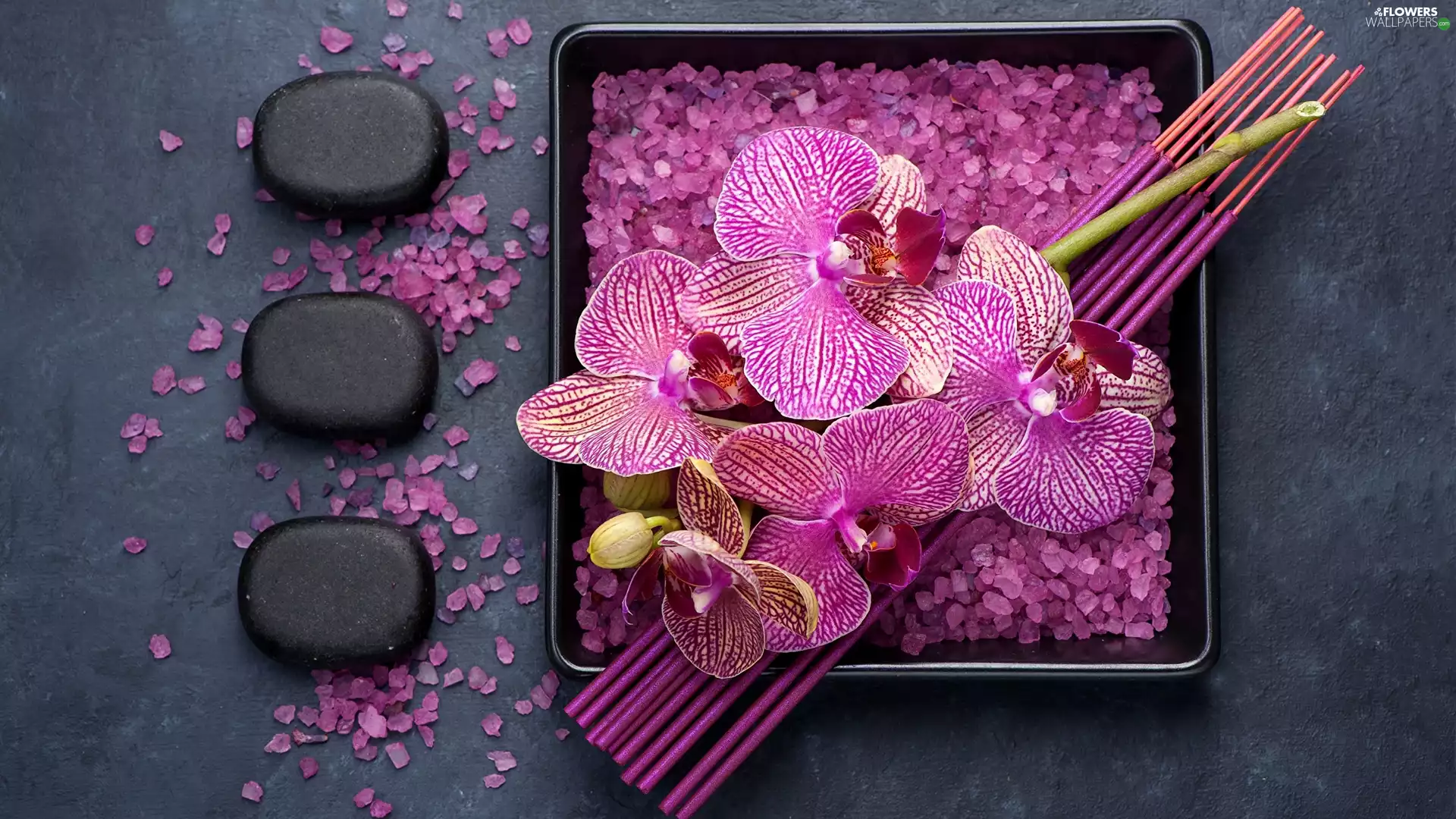 orchids, salt, Incense, crystals, Stones, Flowers, Spa, Tray